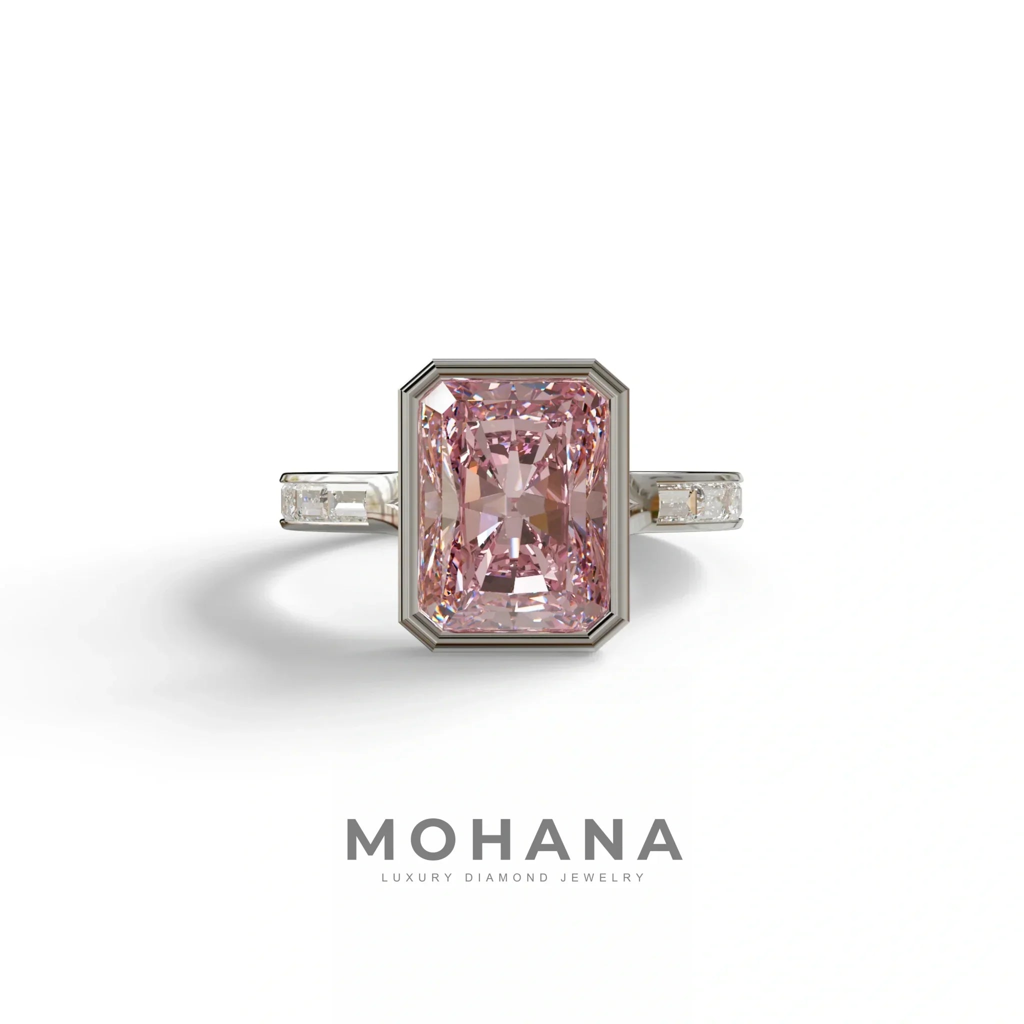 3 Ct Radiant Cut Pink Color Lab Diamond Ring - Olympia - 10K Solid Gold / White Gold