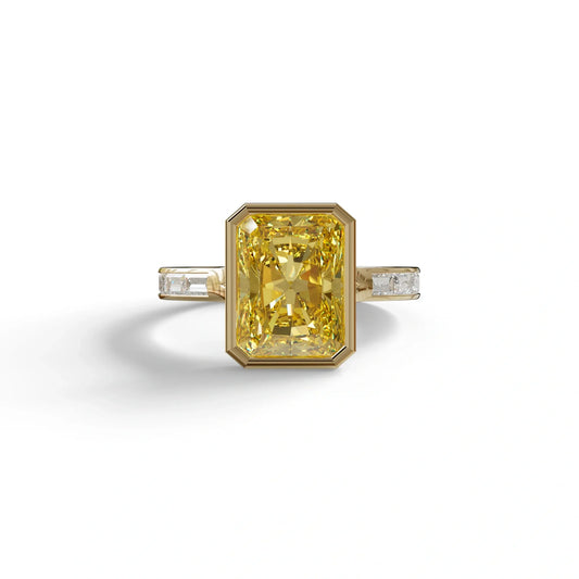 3 Ct Radiant Cut Yellow Color Lab Diamond Ring With Bezel Set - Olymipia - 10K Solid Gold / Yellow Gold
