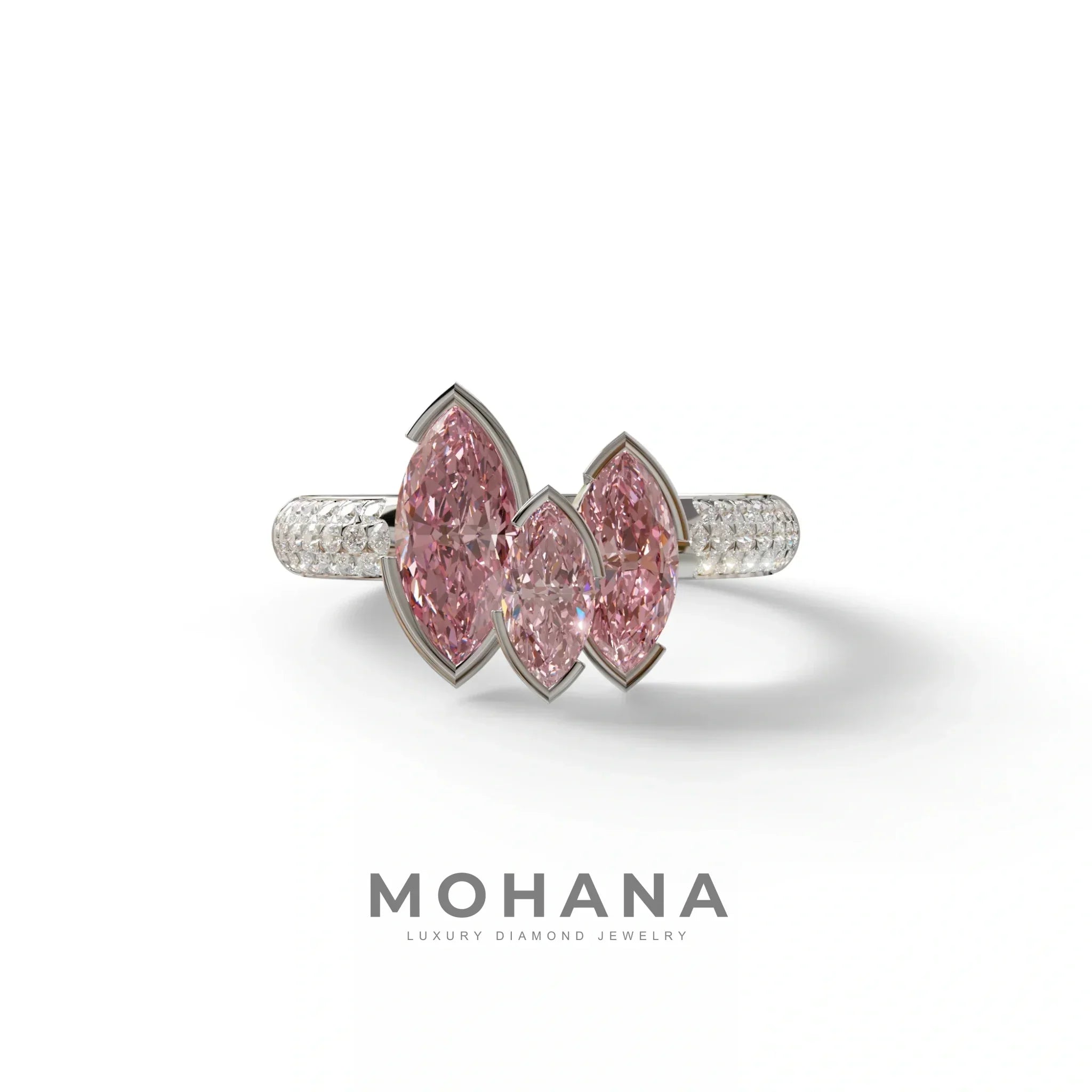 3 Stone 1.75 Ct Pink Marquise Cut Pave Setting Lab Diamond Ring - Dutch - 10K Solid Gold / White Gold