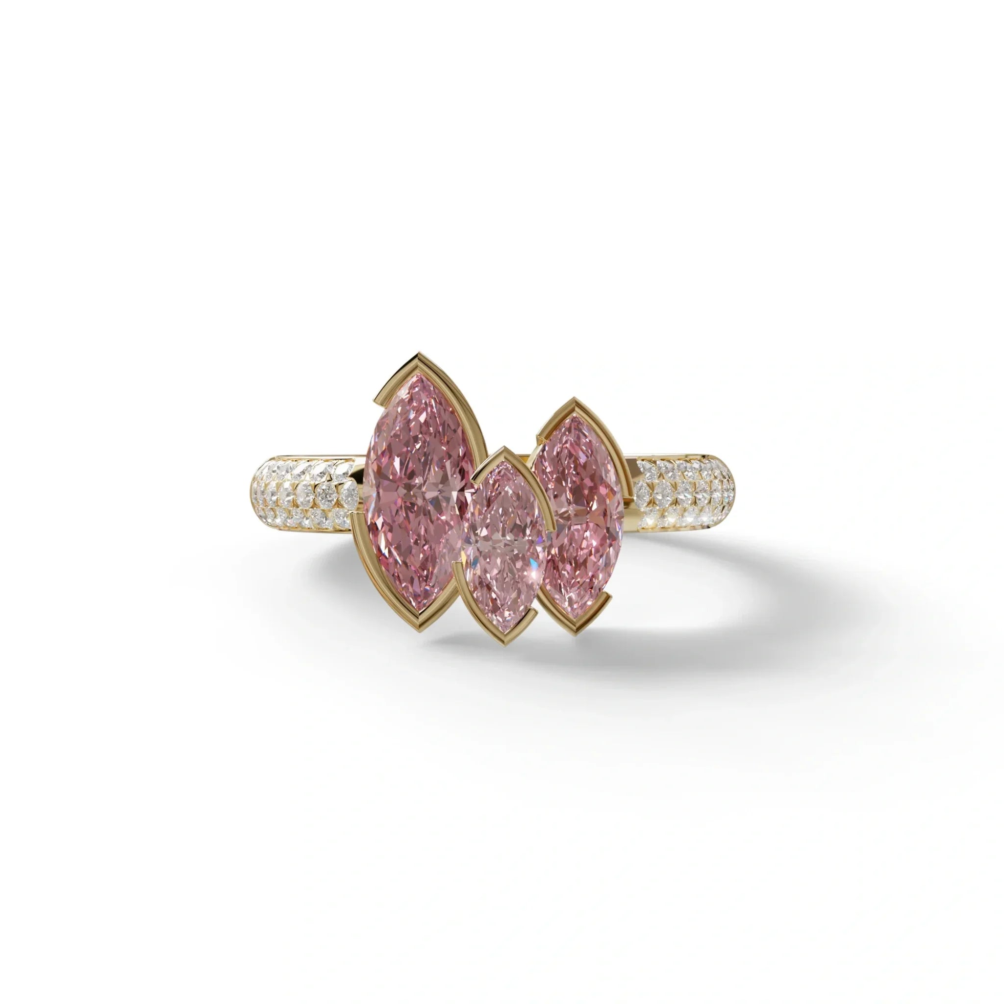 3 Stone 1.75 Ct Pink Marquise Cut Pave Setting Lab Diamond Ring - Dutch - 10K Solid Gold / Yellow Gold