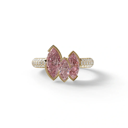 3 Stone 1.75 Ct Pink Marquise Cut Pave Setting Lab Diamond Ring - Dutch - 10K Solid Gold / Yellow Gold