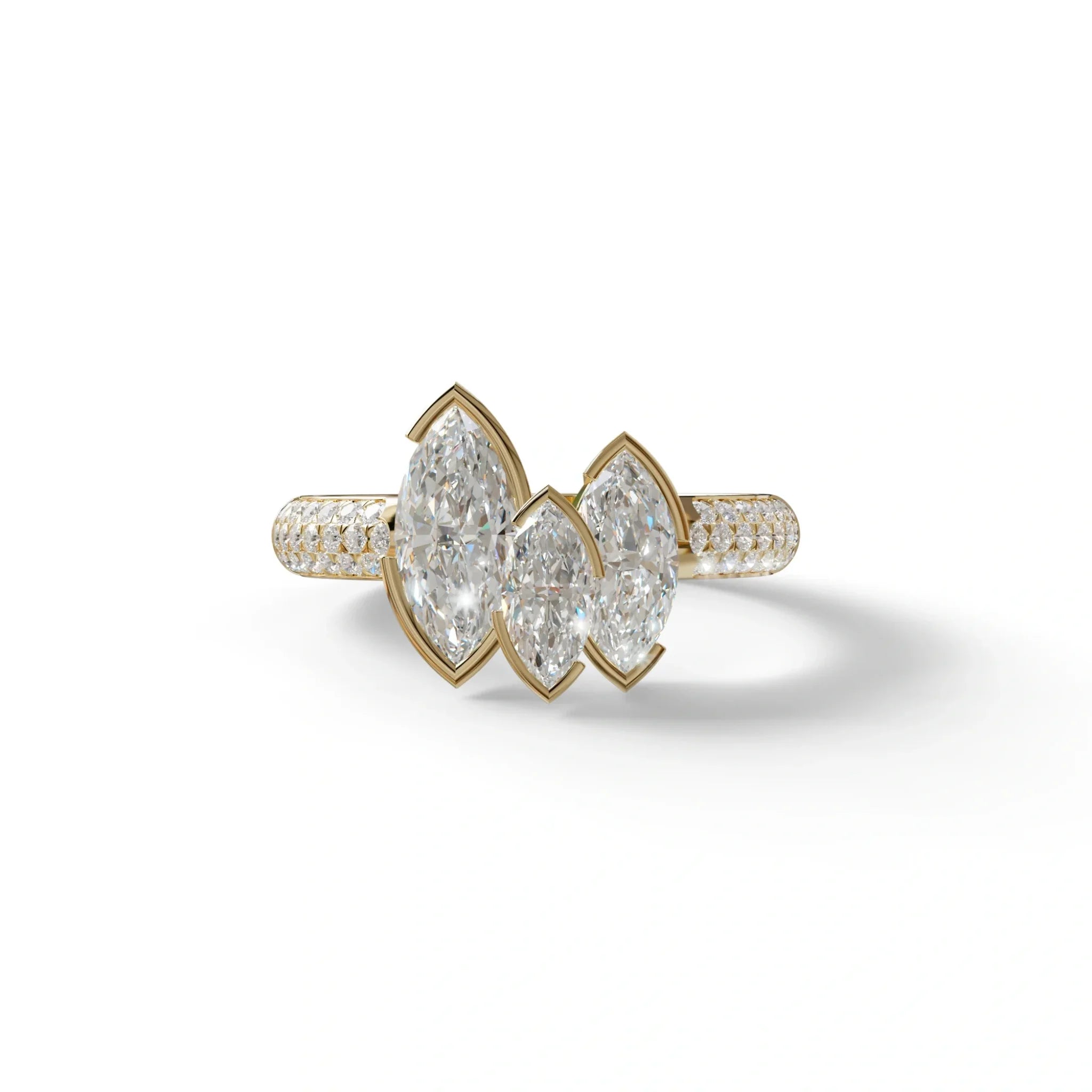 3 Stone 5 Carat E-VVS Marquise Cut Lab Diamond Ring - Dutch - 10K Solid Gold / Yellow Gold