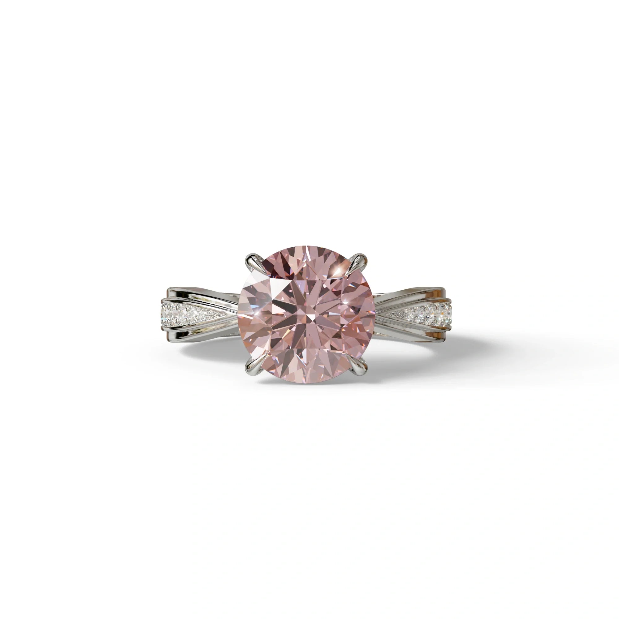 2.5 Carat Pink Round Shaped Lab Diamond Ring V-Shank Pave Setting -Je t’adore - 10K Solid Gold / White Gold