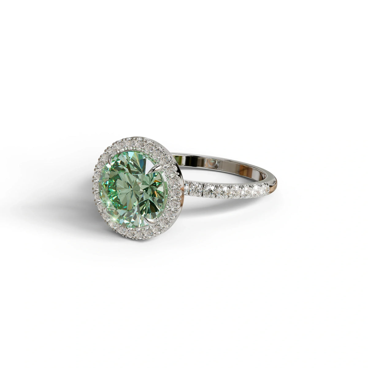 Fancy Vivid Green Round Cut Halo & Pave Lab Grown Diamond Engagement Ring - Flutura