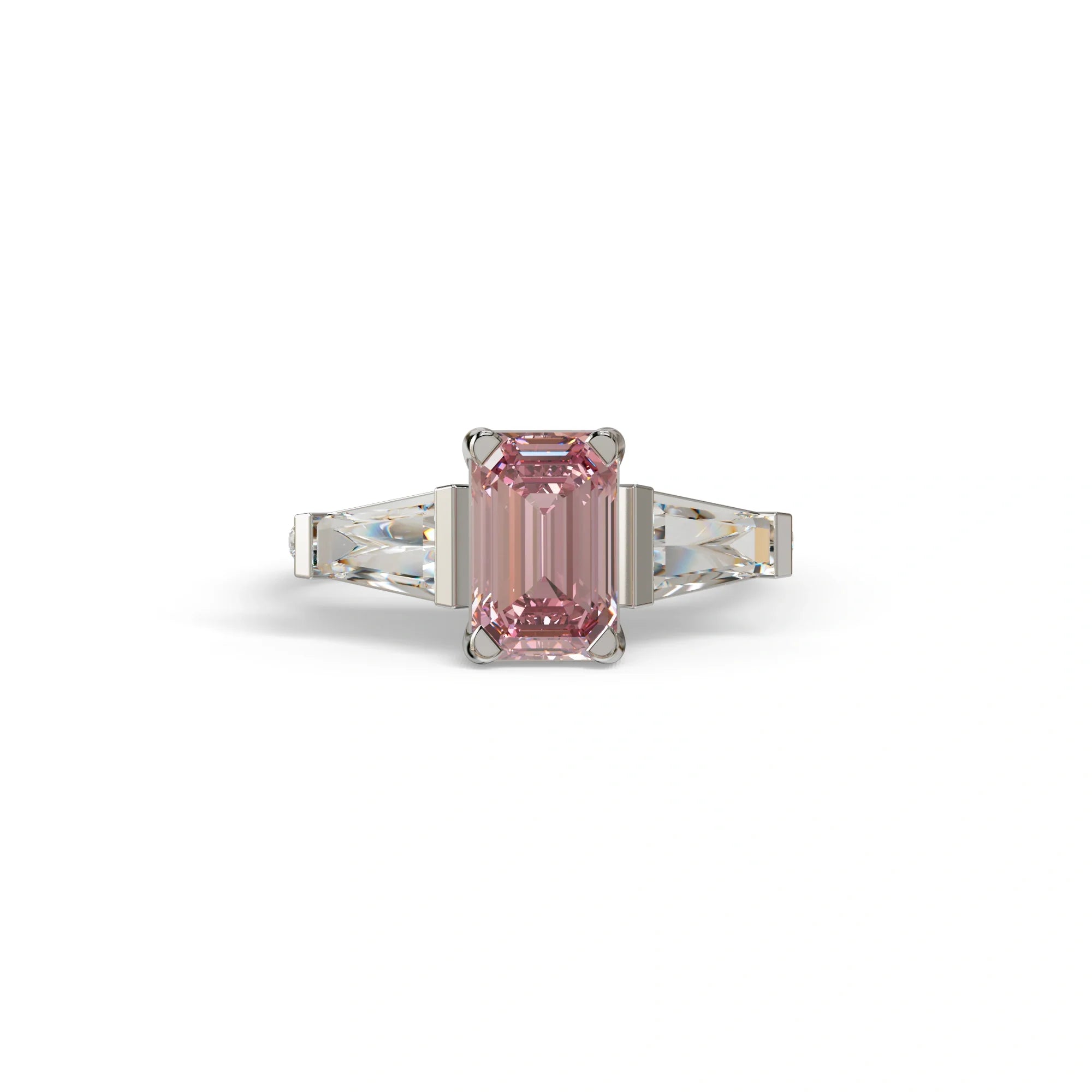 1.50 Carat Pink Emerald with Tapered Cut Lab Grown Diamond Ring - Libra - 10K Solid Gold / White Gold