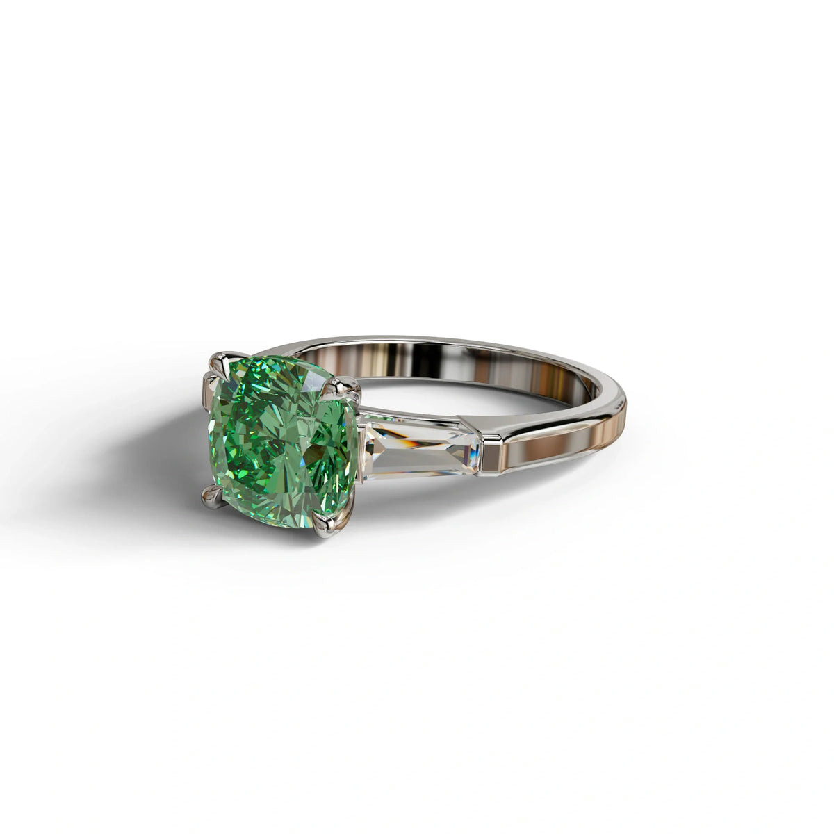 3 Carat Green Cushion & Tapered Baguette Three Stone Engagement Ring