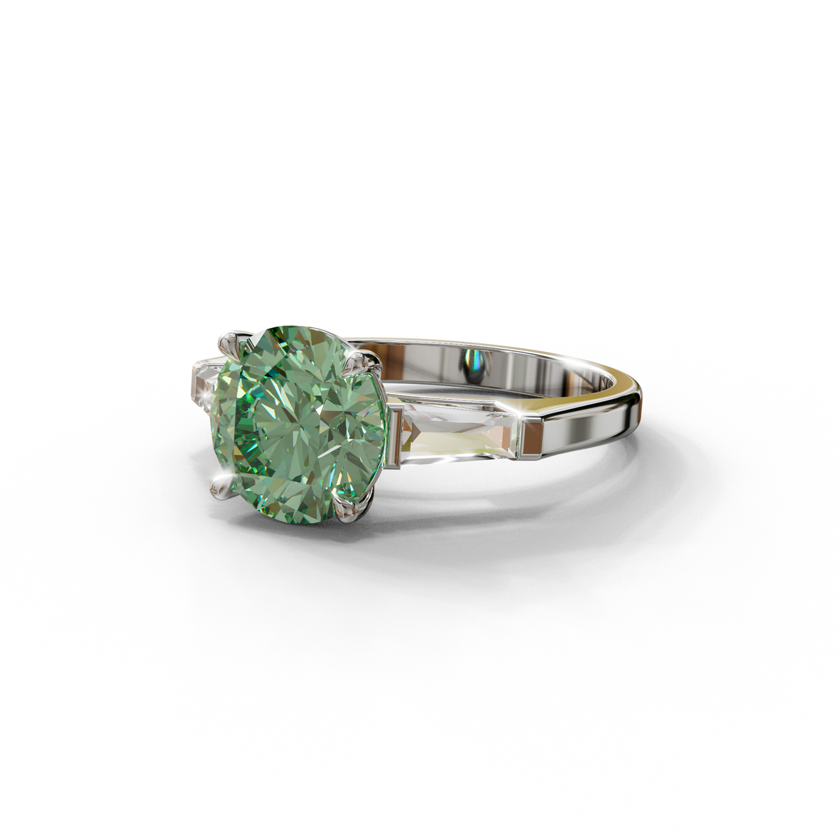 3 Carat Green Round & Tapered Cut Multi Stone Lab Diamond Ring - Reflection