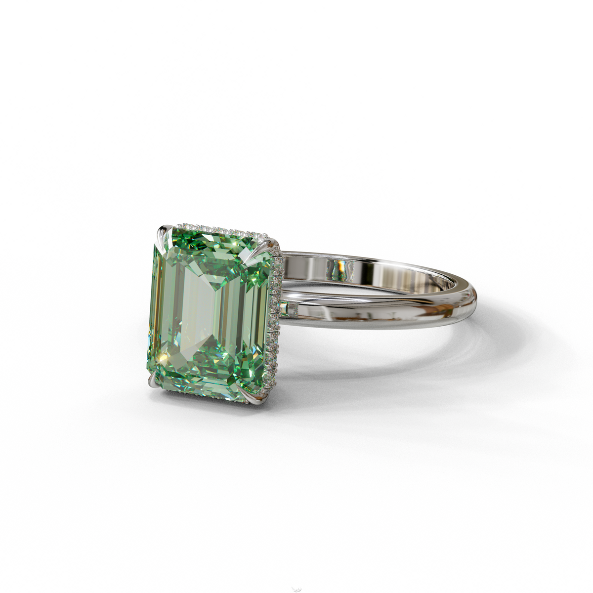 3 Carat Green Emerald Cut Hidden Halo & Claw Setting Lab Grown Diamond Ring