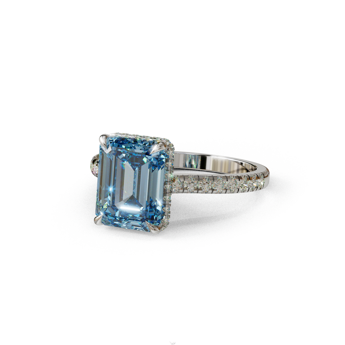 2.5 Ct Blue Emerald Cut Lab Diamond In Hidden Halo & Pave Setting Ring - Siena