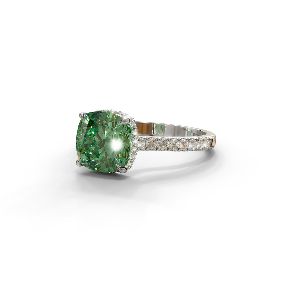2.5 Carat Green Cushion Cut Hidden Halo & Pave Lab Diamond Ring - Éblouissant
