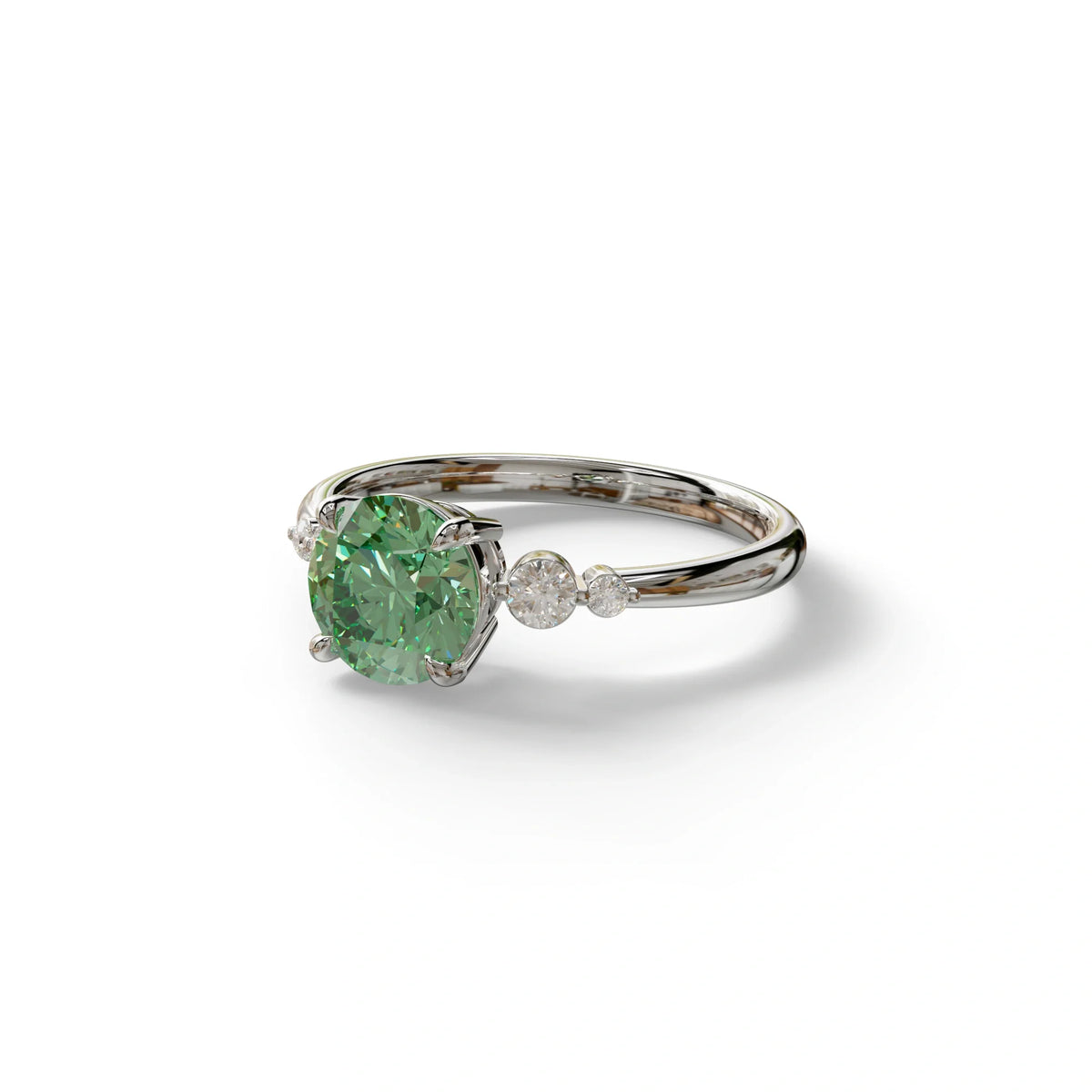 Green Round Three Stone Lab Grown Diamond Engagement Ring - Romance