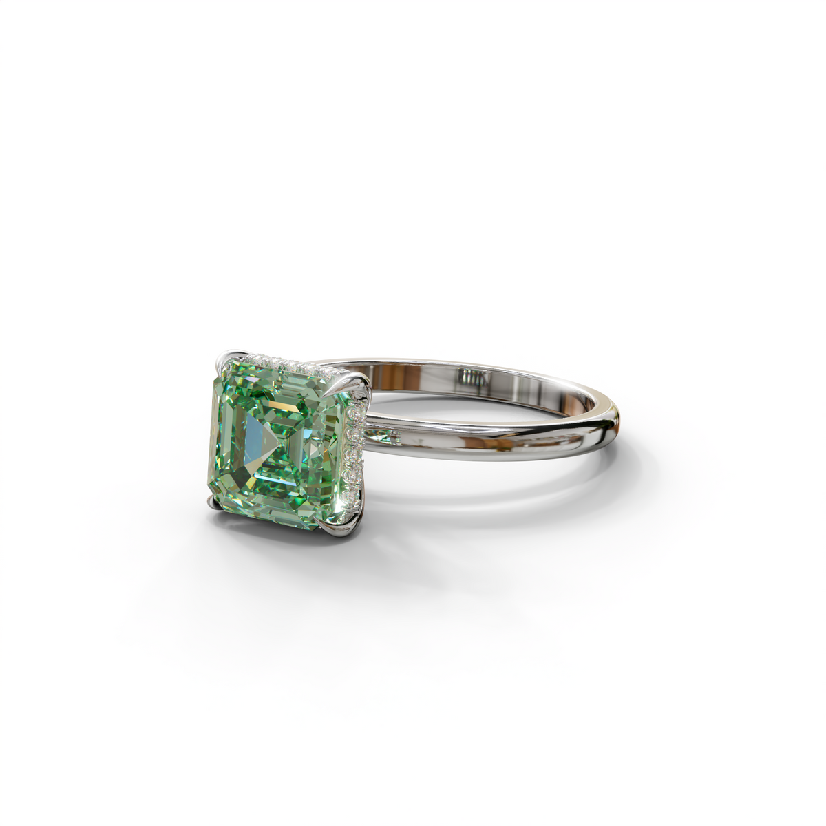 2.5 Carat Green Asscher Cut Hidden Halo Setting Lab Grown Diamond Ring