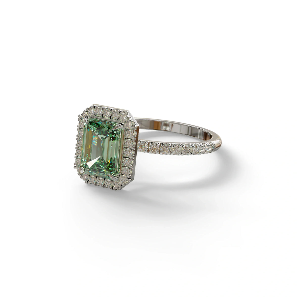 Green Emerald Cut Halo & Pave Lab Grown Diamond Engagement Ring - Viola