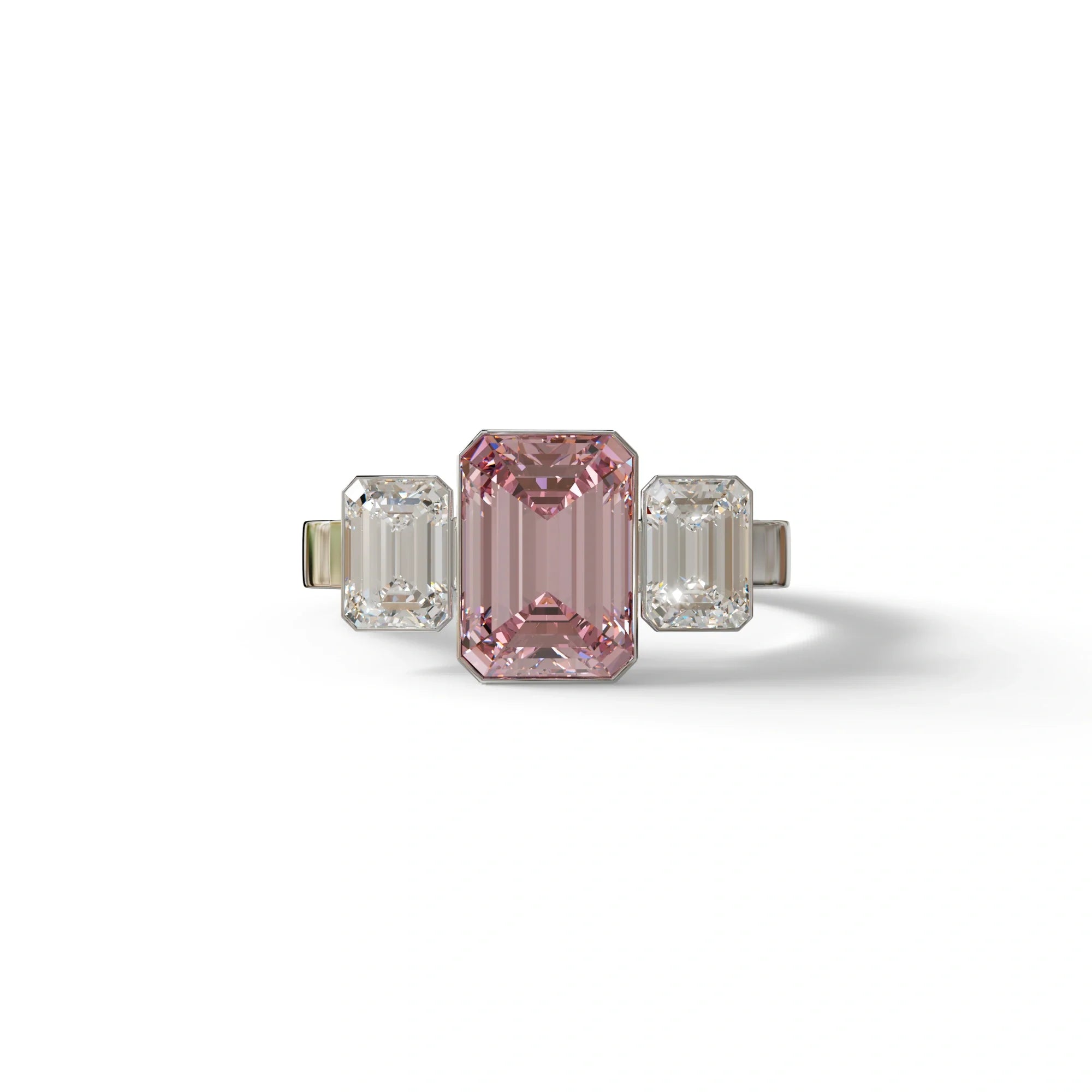 Three Stone 3 carat Emerald cut Pink Lab Grown Diamond Ring - Elaris - 10K Solid Gold / White Gold