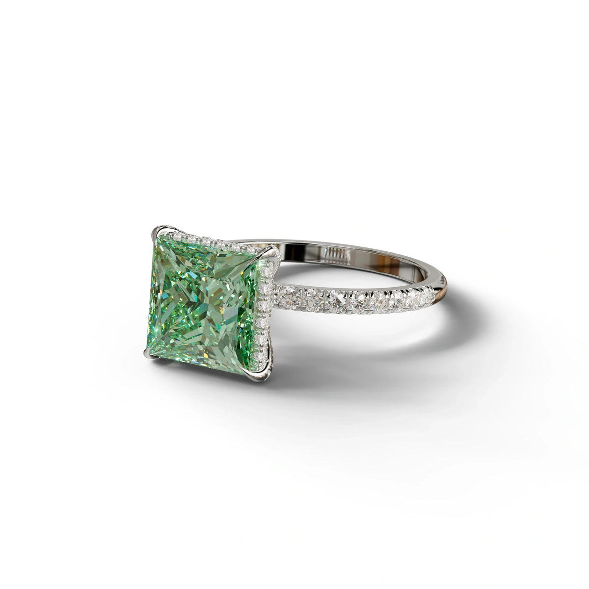 3 Carat Green Princess Cut Hidden Halo & Pave Lab Diamond Ring