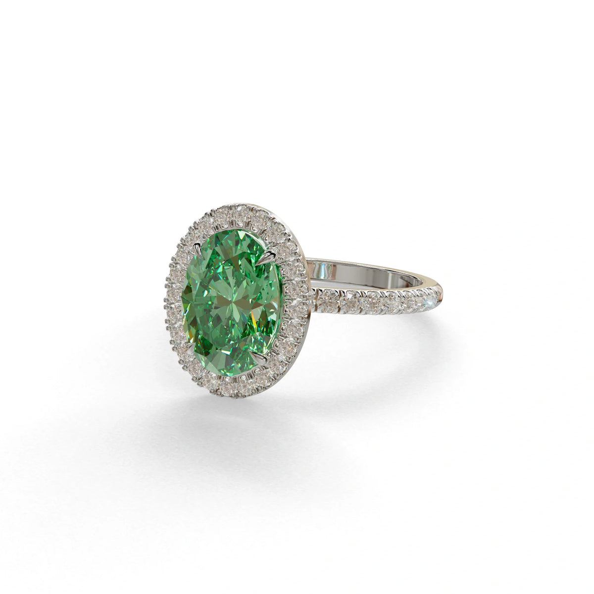 Green Oval Cut Halo & Pave Lab Grown Diamond Engagement Ring - AnnaBella