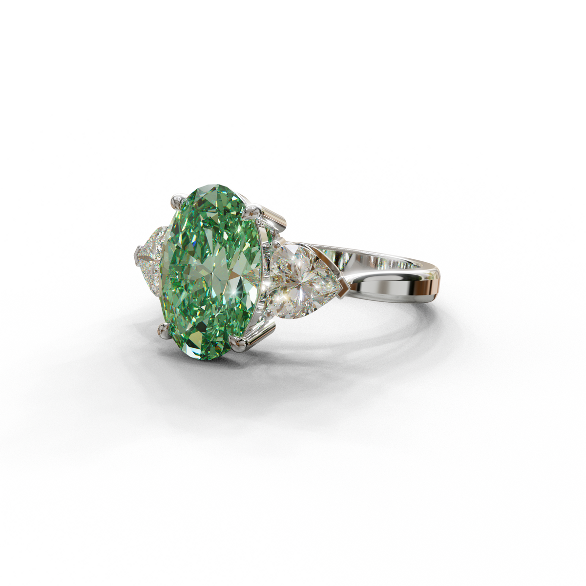 4 Ct Green Oval & Heart Shape 3 Stone Engagement Diamond Ring - Lucid
