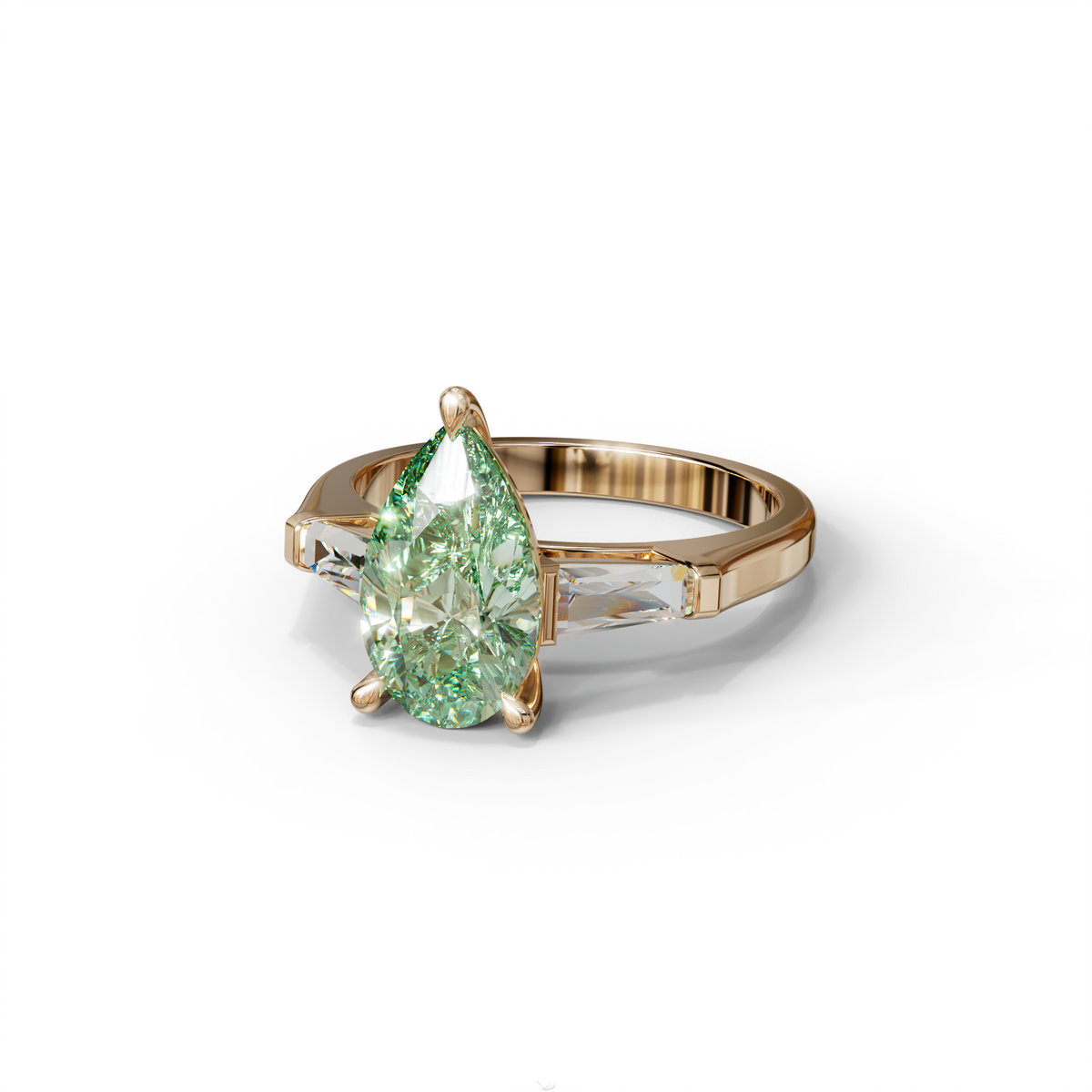 3 Carat Pear Cut Green Lab Diamond Ring 3 Stone Design - Bella