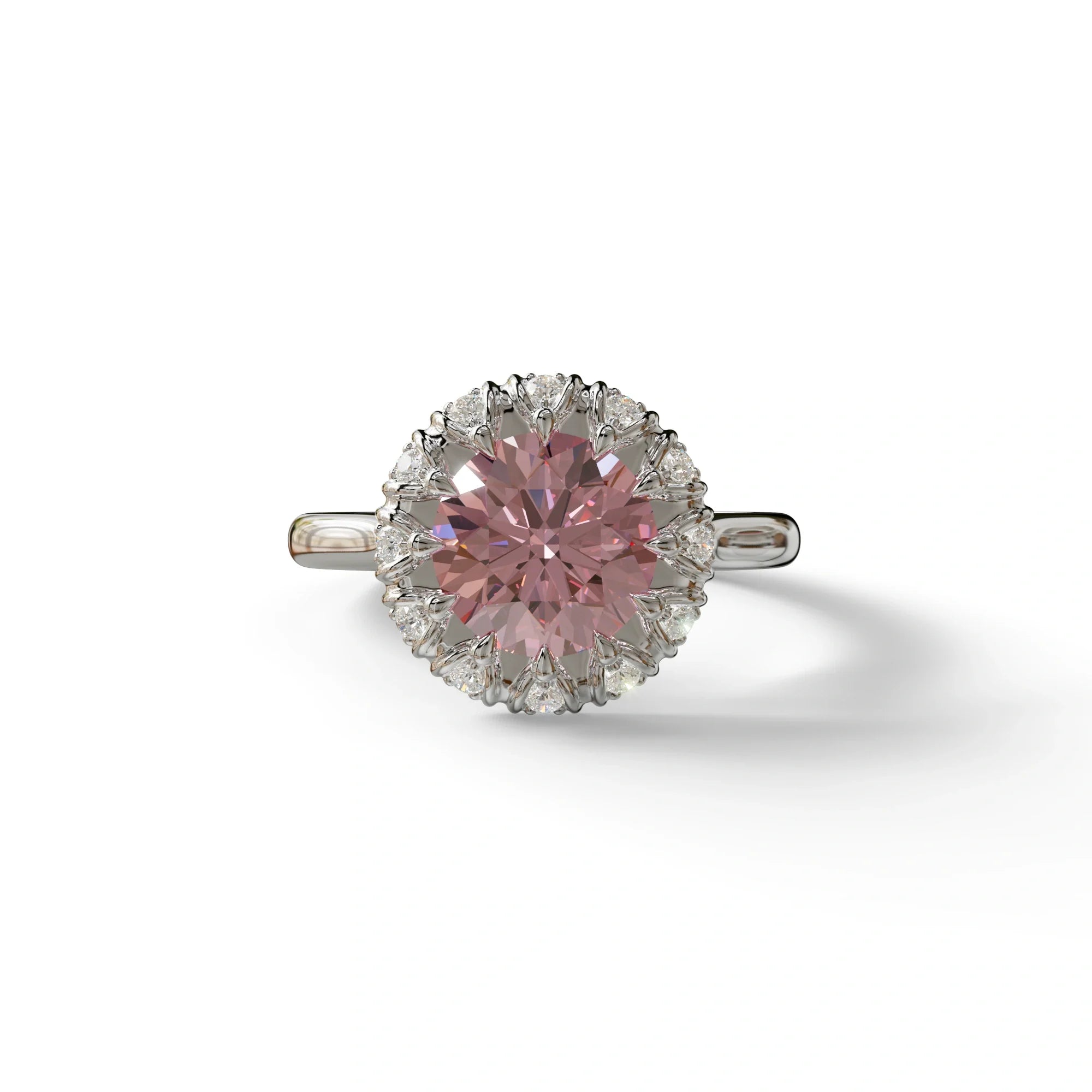 3 Carat Pink Round Shaped Halo Lab Diamond Ring - Sunflower - 10K Solid Gold / White Gold