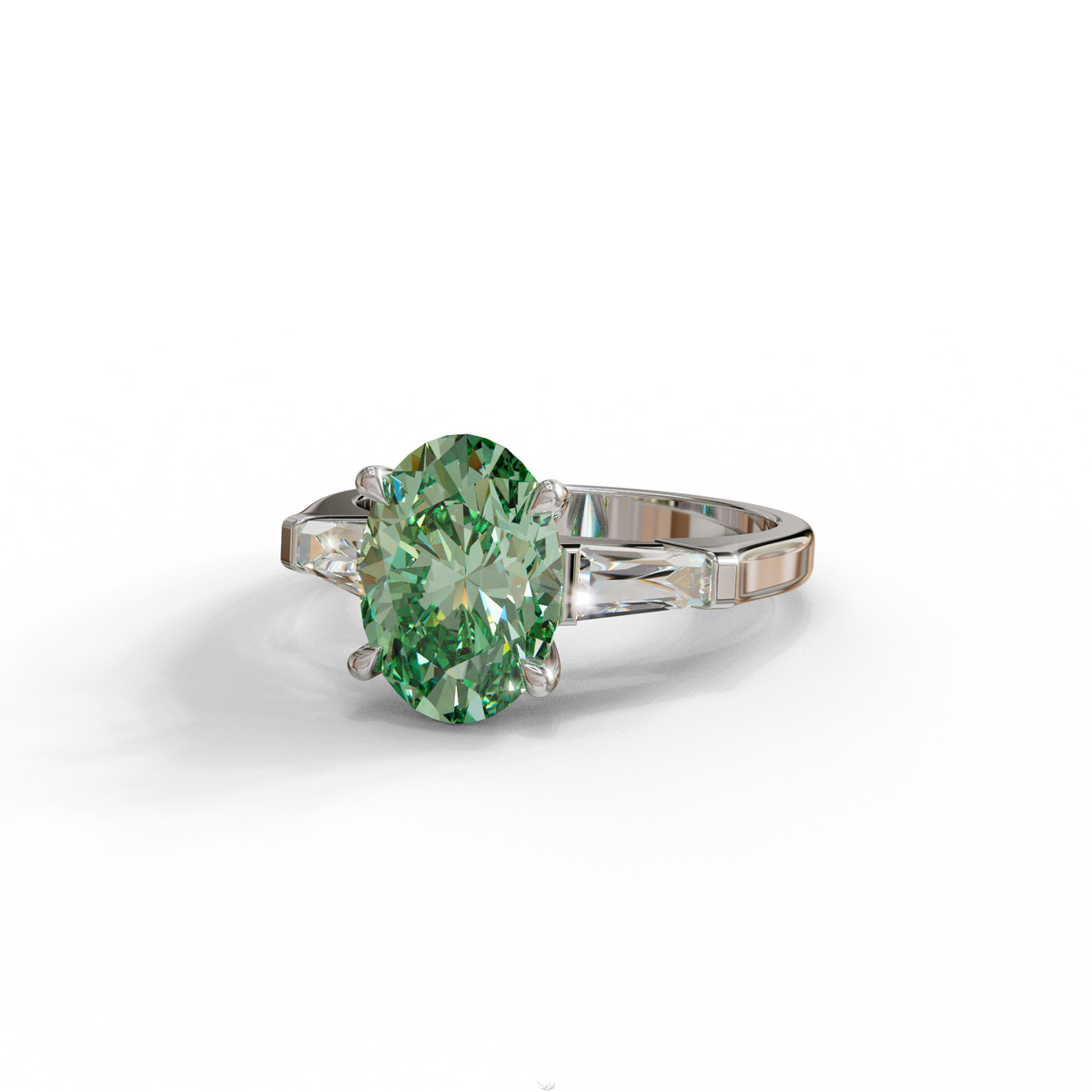 3 Carat Green Oval & Tapered Baguette Lab Grown Diamond Three Stone Engagement Ring