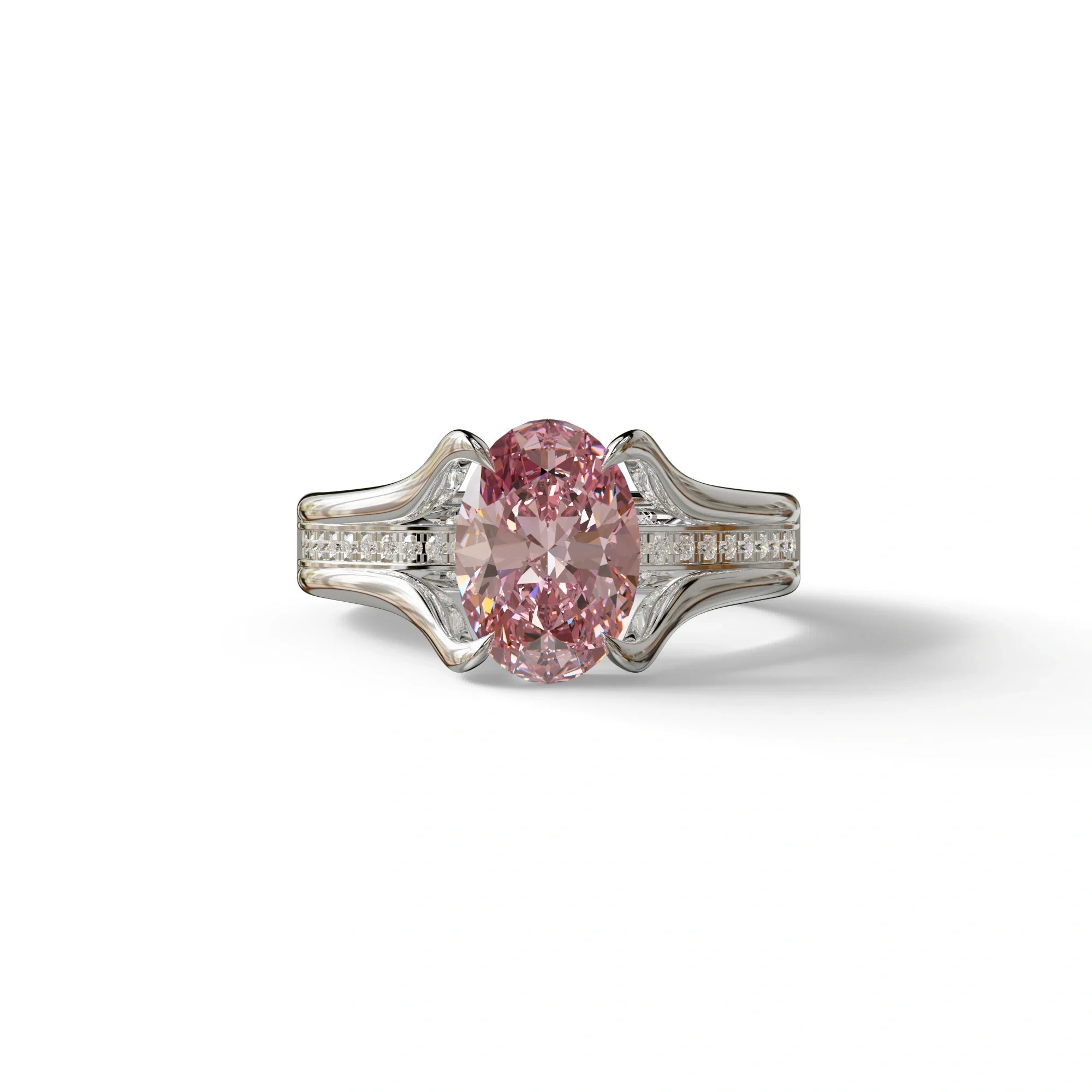3 Carat Fancy Vivid Pink Oval Lab Grown Diamond Engagement Ring – Beverly - 10K Solid Gold / White Gold