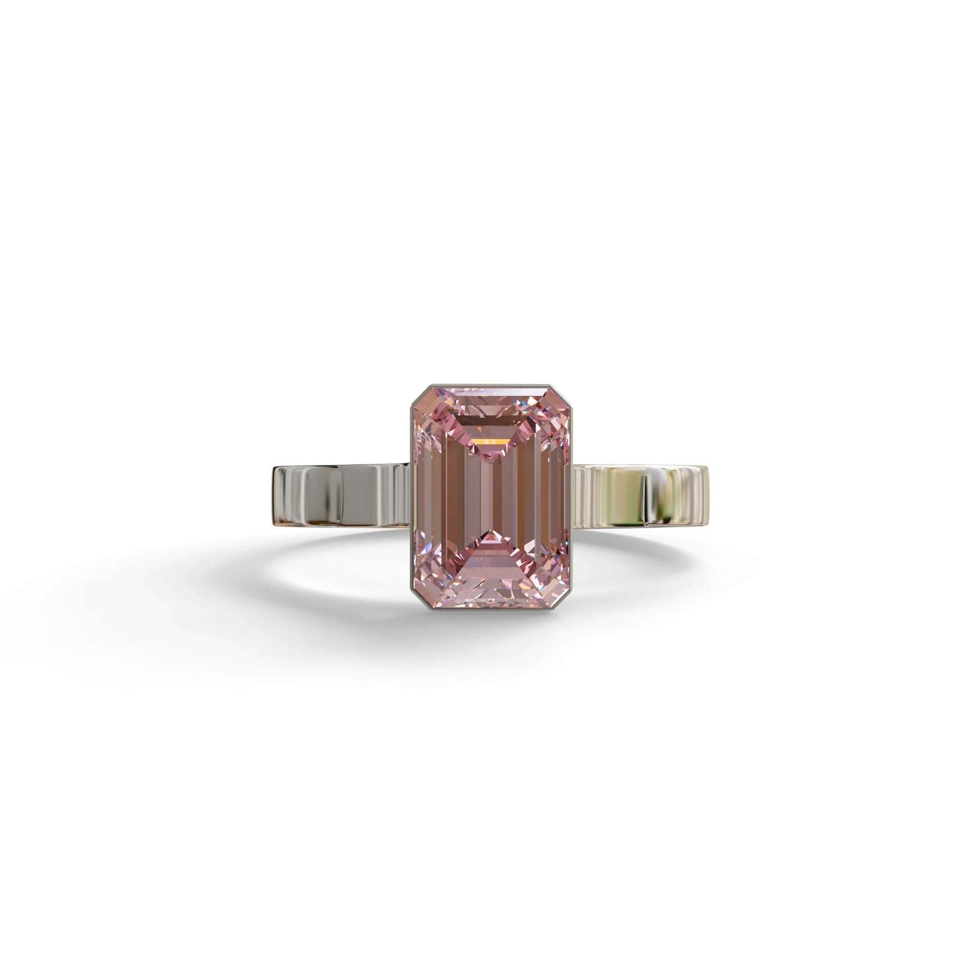 3 carat Fancy Intense Pink Emerald cut Lab Diamond bezel setting Engagement Ring - Zelora - 10K Solid Gold / White Gold