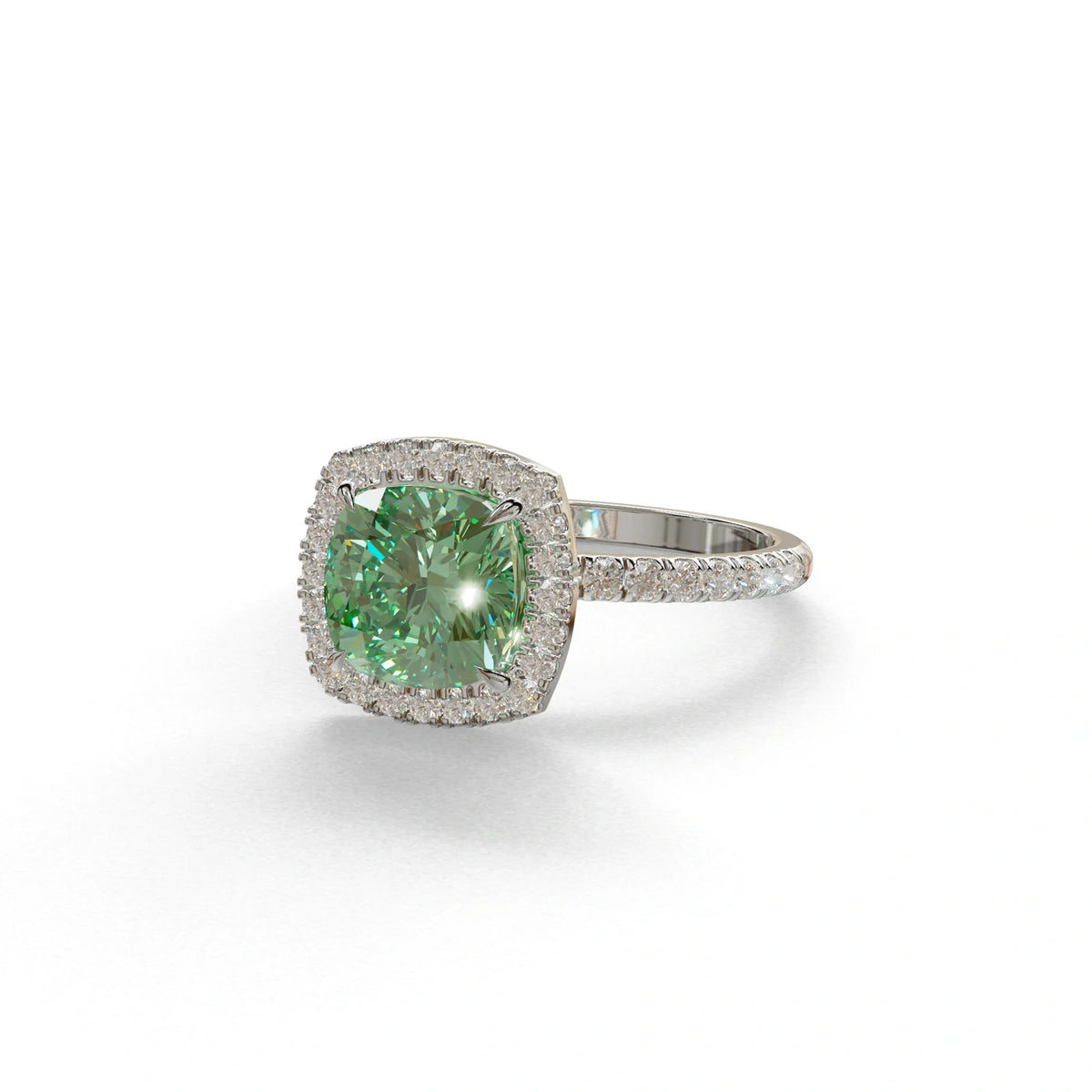 Green Cushion Cut Halo & Pave Lab Grown Diamond Engagement Ring - Rosa