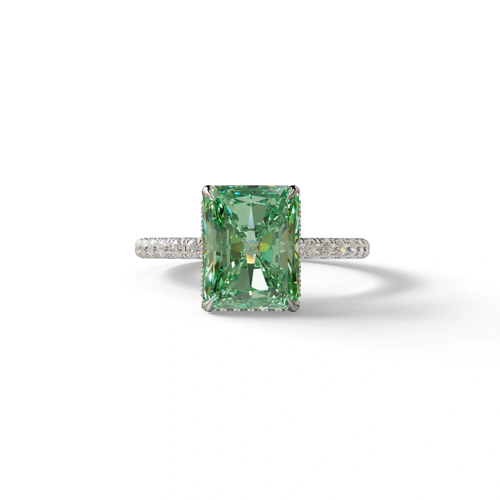 3 Carat Radiant Cut Green Color Lab Diamond Ring -Monica - 10K Solid Gold / White Gold