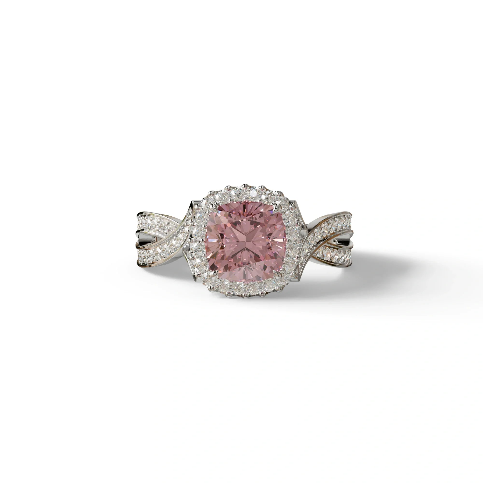 3 Carat Pink Cushion Cut Lab Grown Halo Diamond Engagement Ring - Odessa - 10K Solid Gold / White Gold