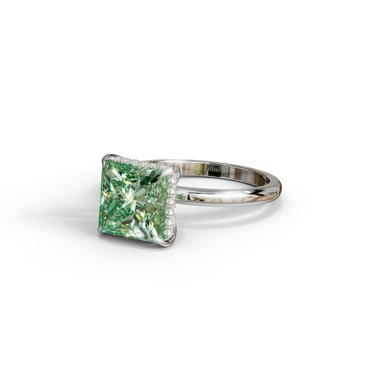 3 Carat Princess Cut Green Lab Diamond Hidden Halo Engagement Ring