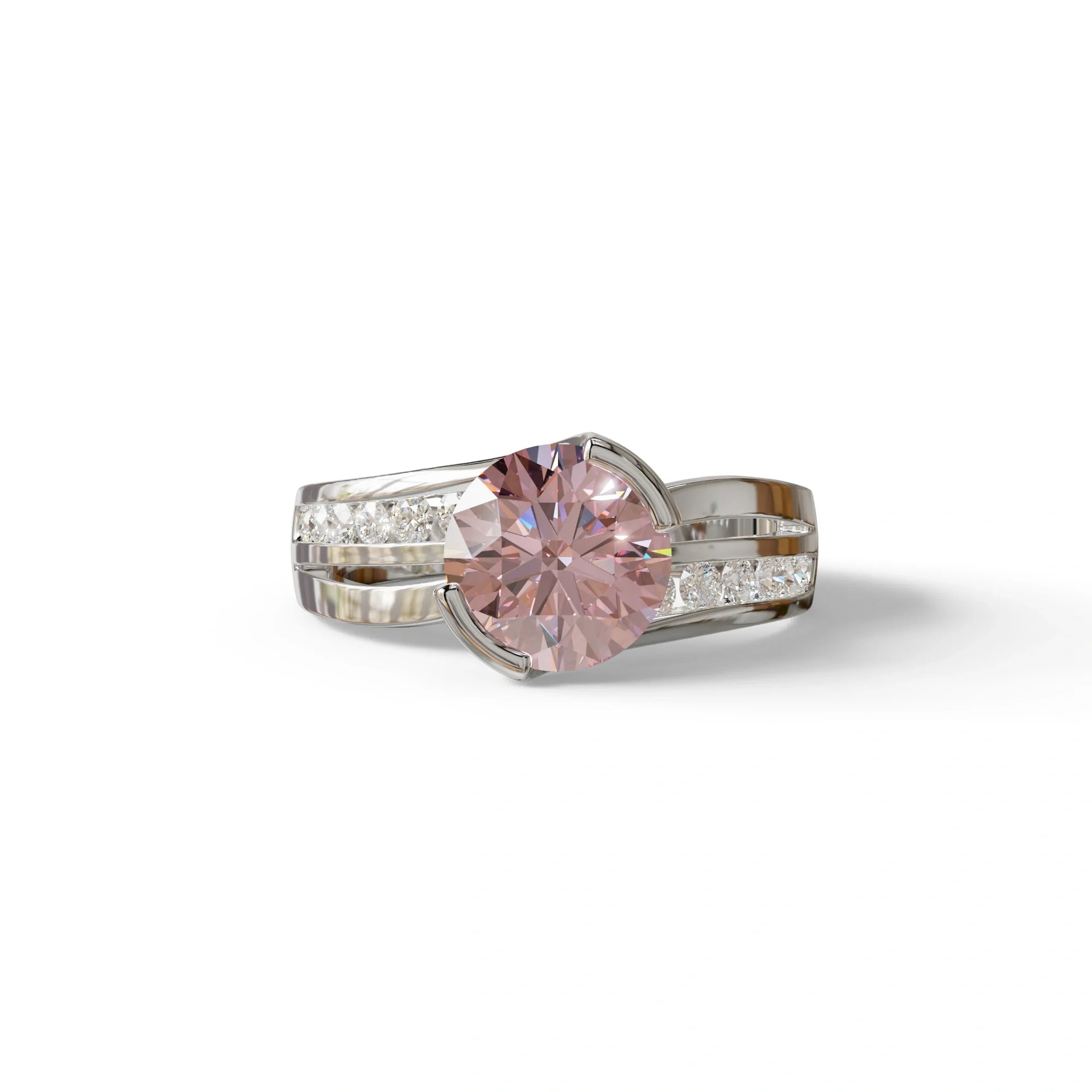 2 Carat Pink Round Shaped Channel Set Lab Diamond Engagement Ring - Avonlea - 10K Solid Gold / White Gold