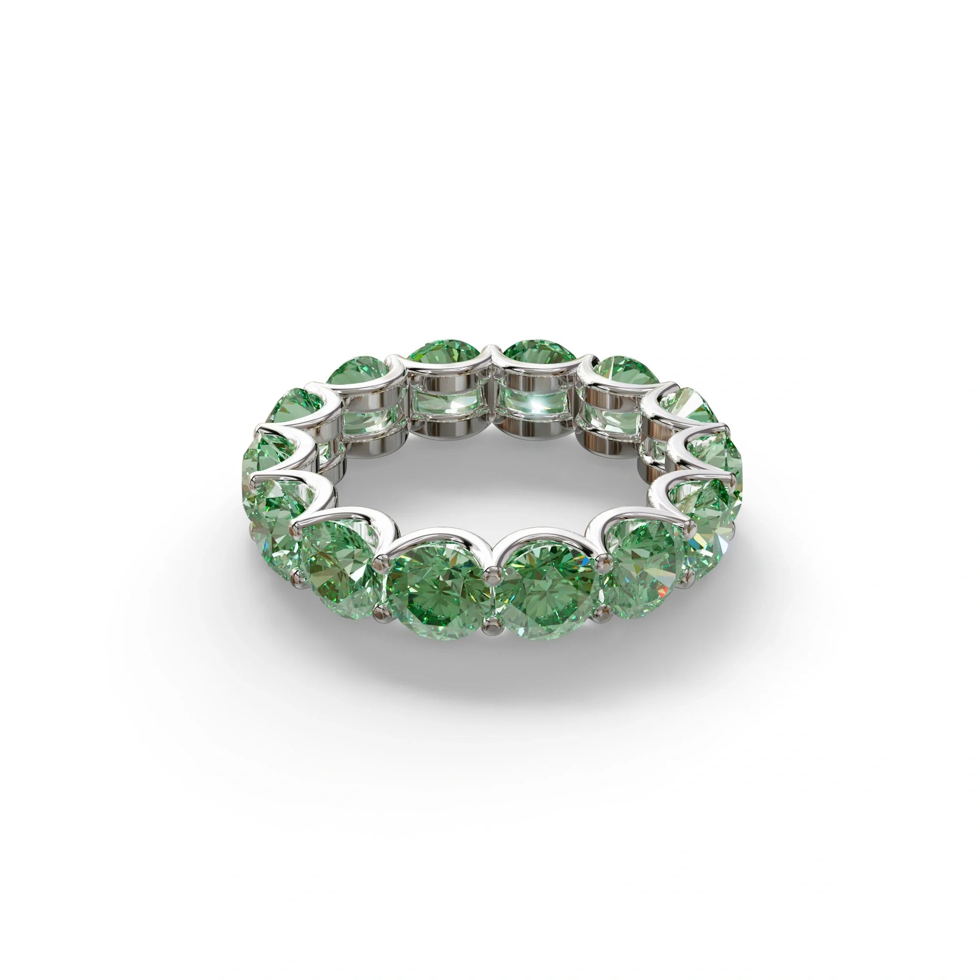 Green Round Brilliant Diamond Full Eternity Band in 18k Yellow Gold – Scalloped U-Prong Setting