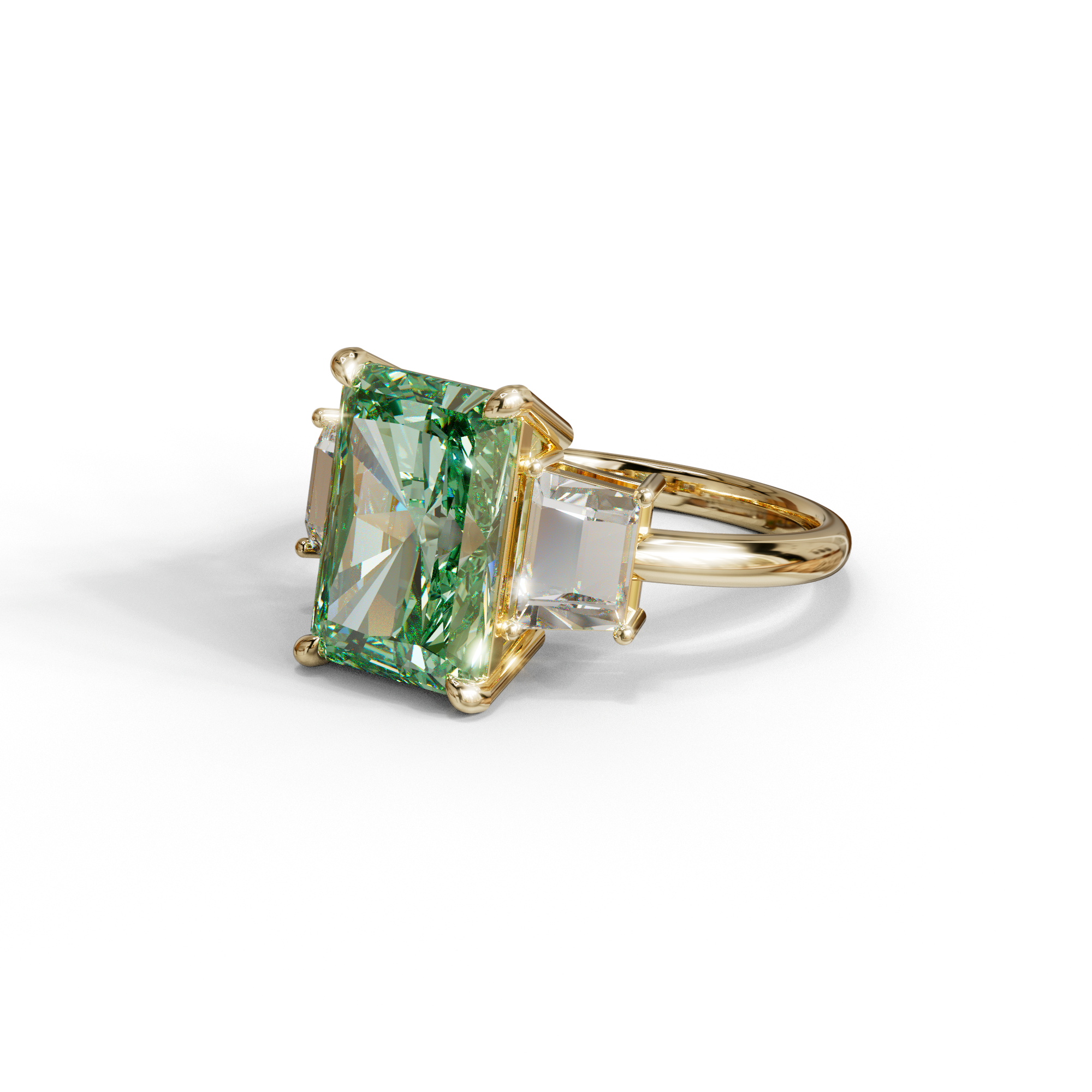 4 Carat Green Radiant & Trapezoid Three Stone Engagement Ring - Embrace