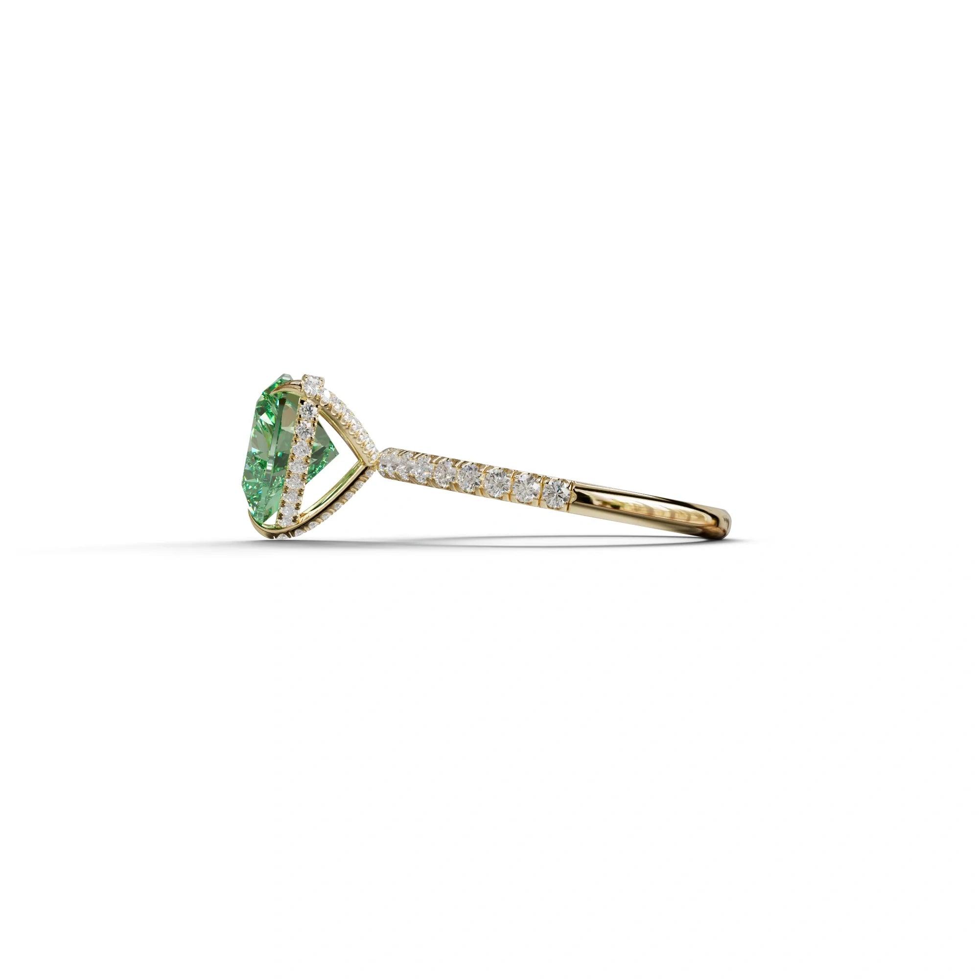 Green 3 Carat Heart Cut Hidden Halo & Pavé Setting Engagement Ring