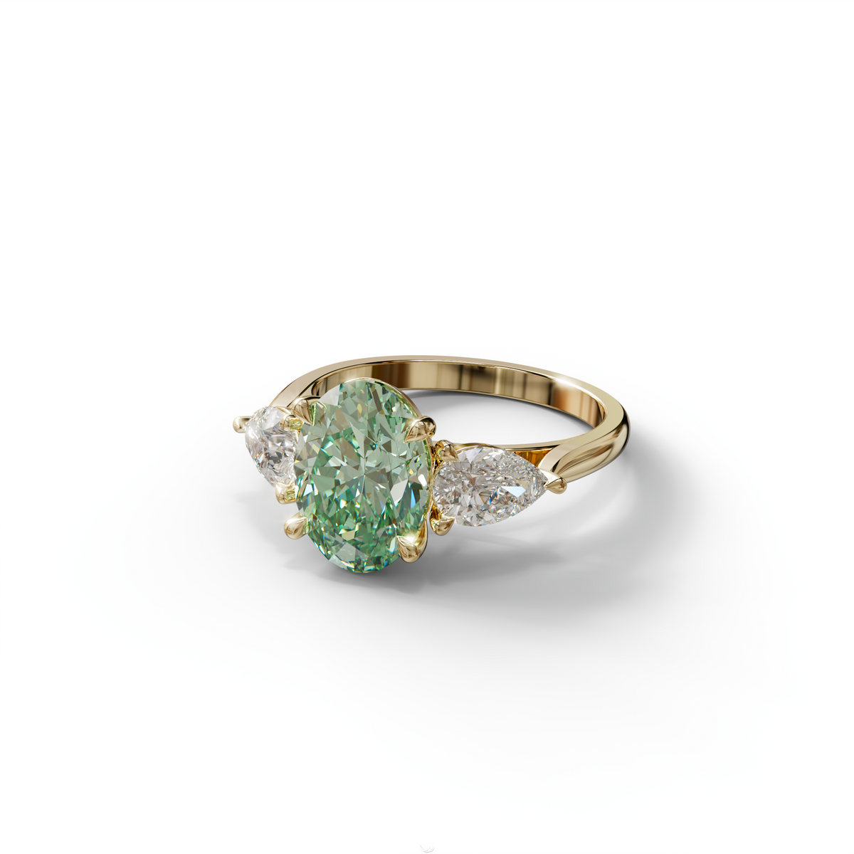 3 Carat Green Oval Lab Grown Diamond Engagement Ring – Three Stone Pear Cut Setting
