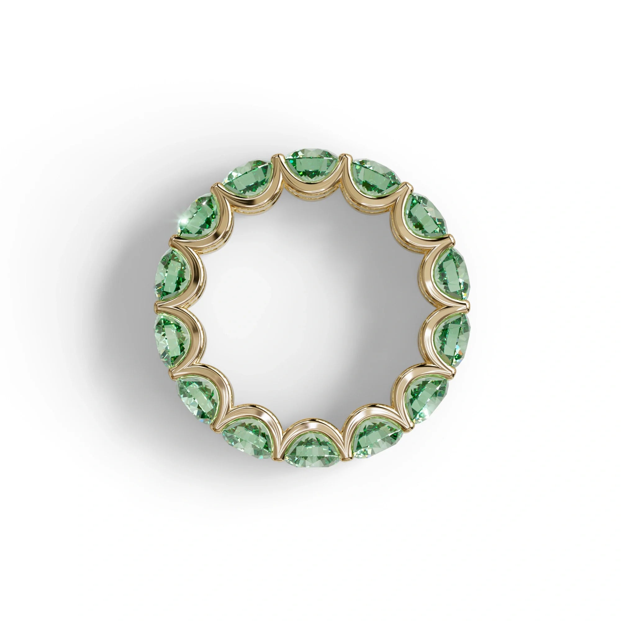 Green Round Brilliant Diamond Full Eternity Band in 18k Yellow Gold – Scalloped U-Prong Setting