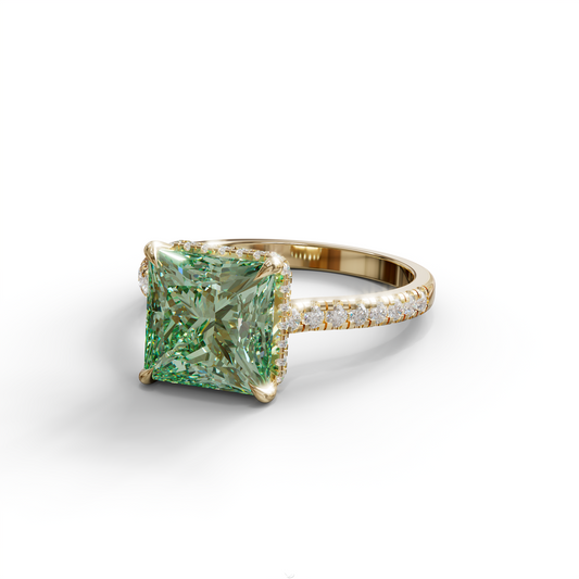 3 Carat Green Square‑Cut Center Stone Engagement Ring – Hidden Halo & Pavé Design
