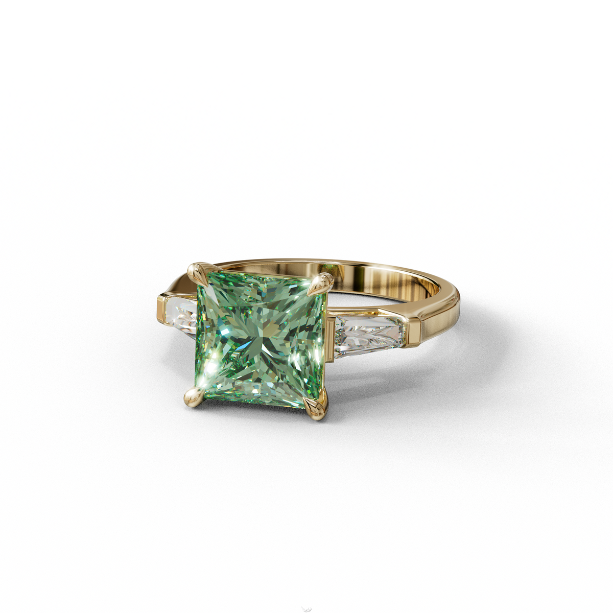 3 Carat Green Princess & Baguette Cut Lab Grown Diamond Ring - Alluring