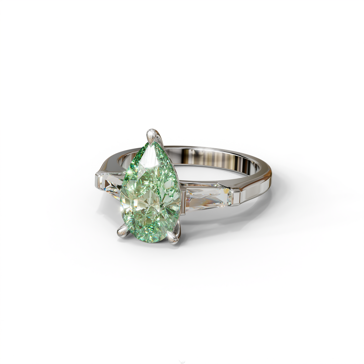 3 Carat Pear Cut Green Lab Diamond Ring 3 Stone Design - Bella