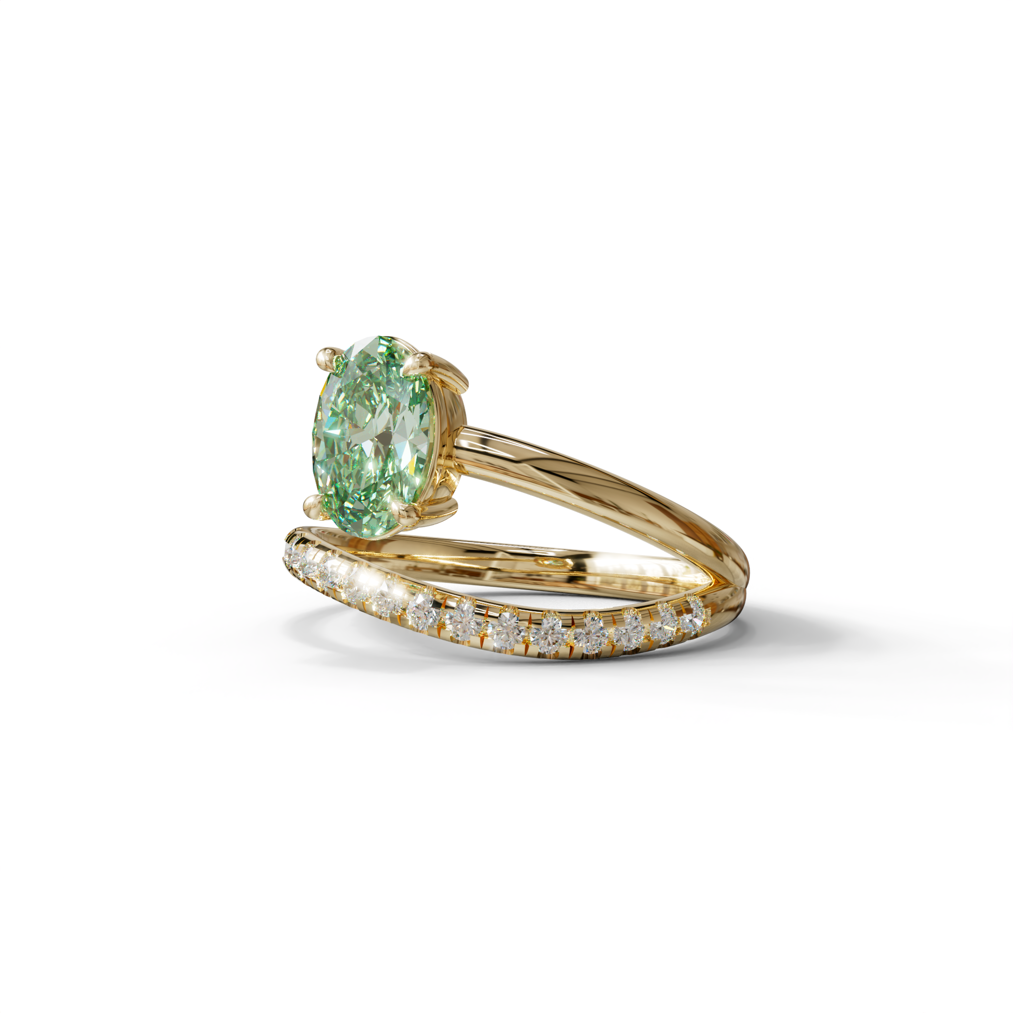 1.5 Carat S-Curve Green Oval Diamond Pave-set Diamond Ring - Bypass