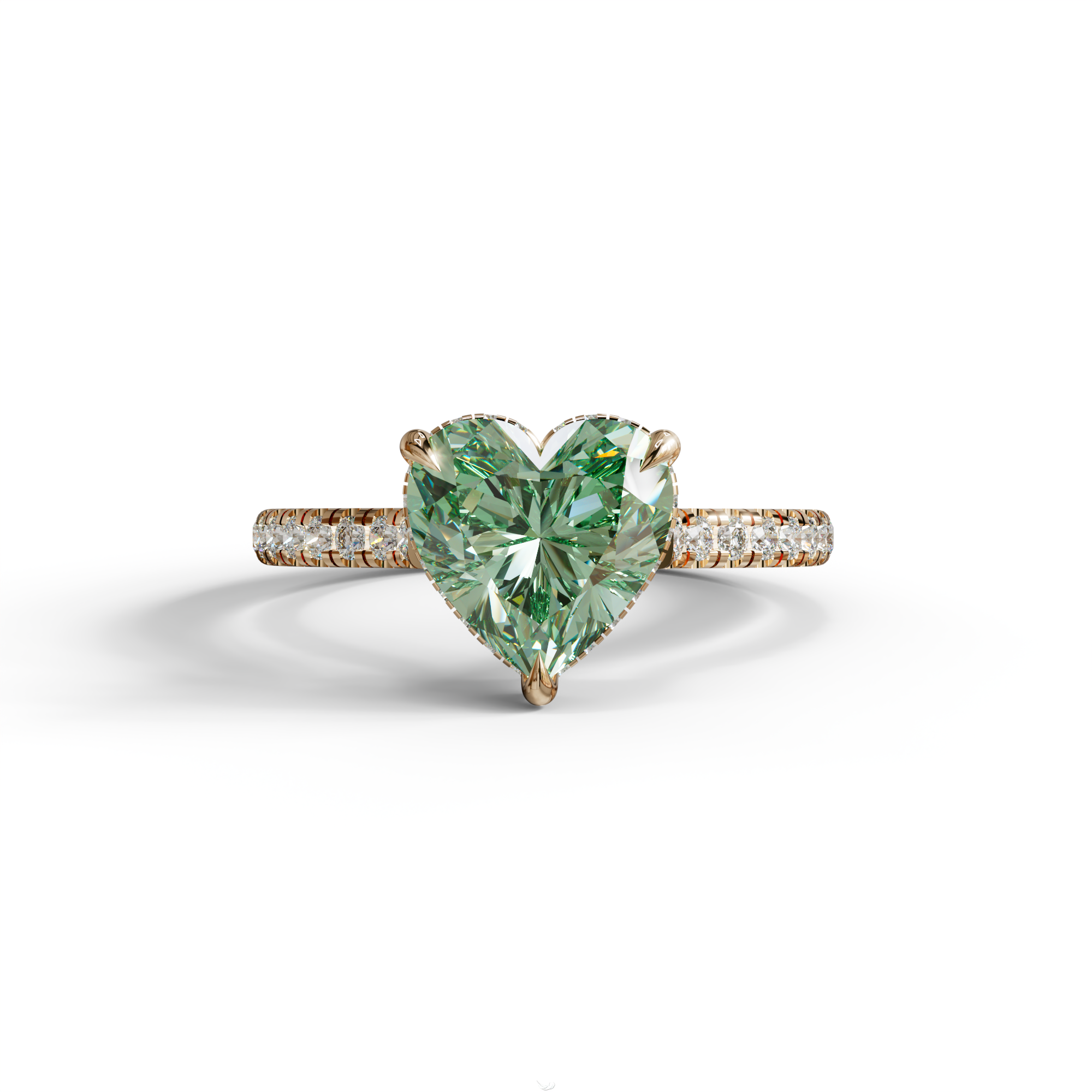 Fancy Vivid Green Heart Cut Lab Diamond Ring – Pavé Band | 10K 14K 18K Gold & Platinum - 10K Solid Gold / Rose Gold