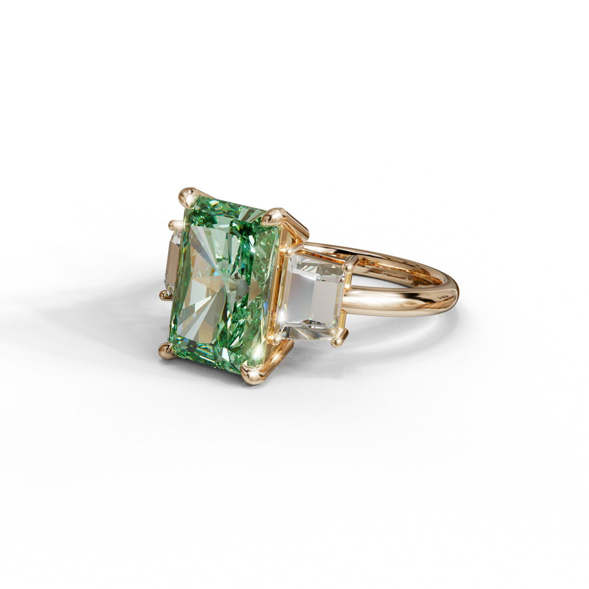 4 Carat Green Radiant & Trapezoid Three Stone Engagement Ring - Embrace