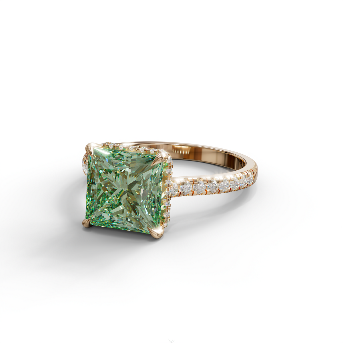 3 Carat Fancy Green Princess Cut Hidden Halo Lab Grown Diamond Engagement Ring