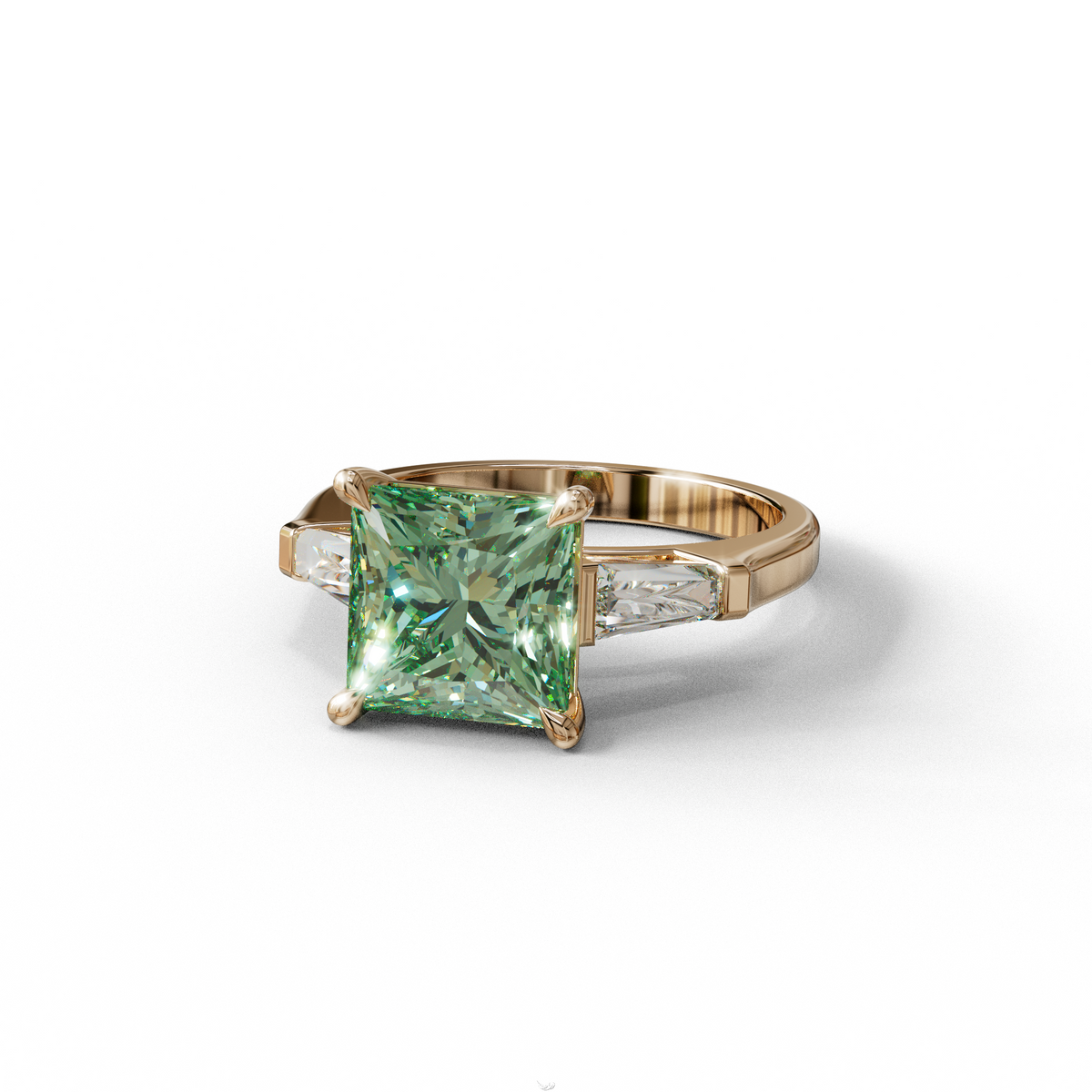 3 Carat Green Princess & Baguette Cut Lab Grown Diamond Ring - Alluring
