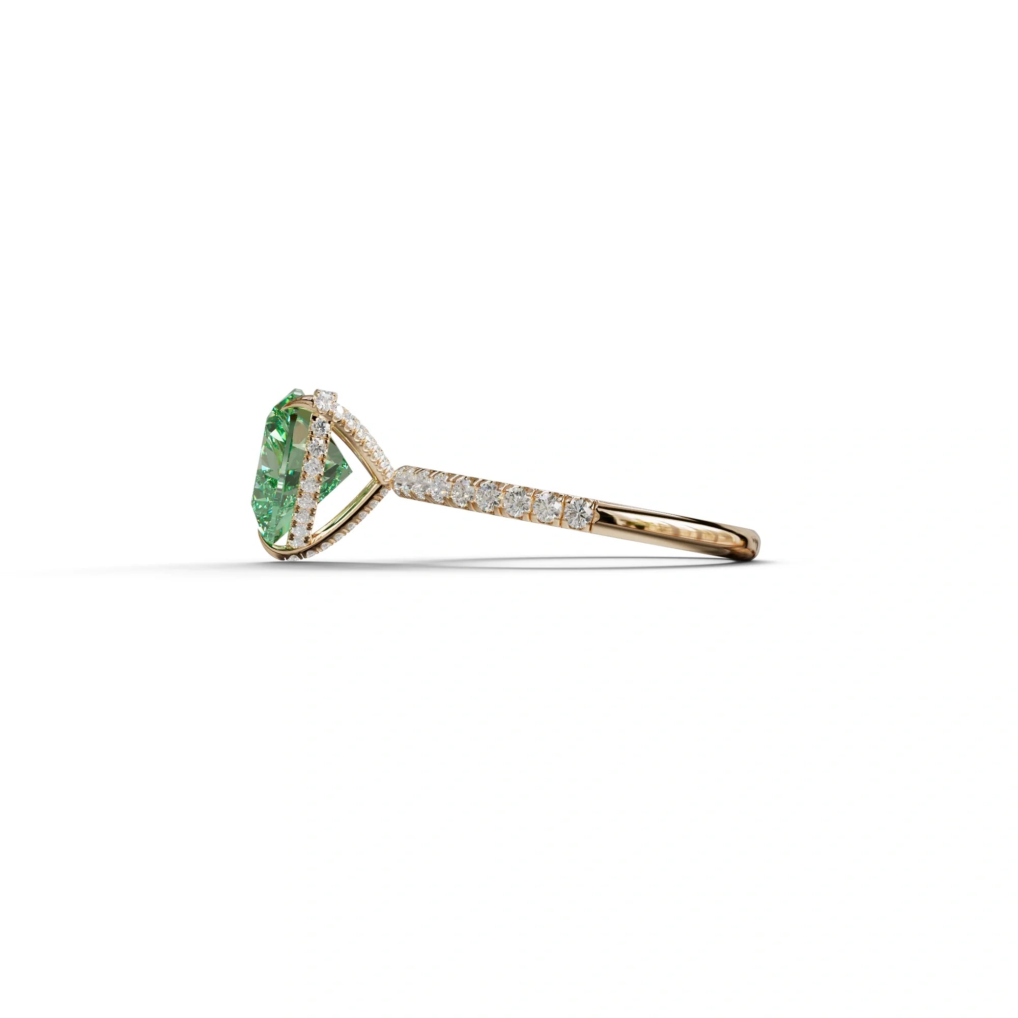 Green 3 Carat Heart Cut Hidden Halo & Pavé Setting Engagement Ring