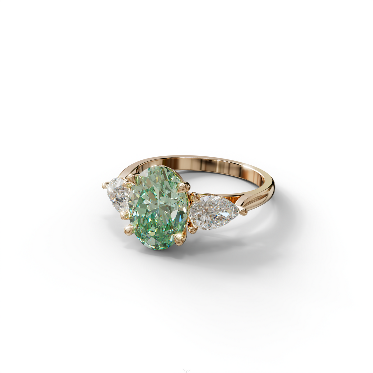 3 Carat Green Oval Lab Grown Diamond Engagement Ring – Three Stone Pear Cut Setting