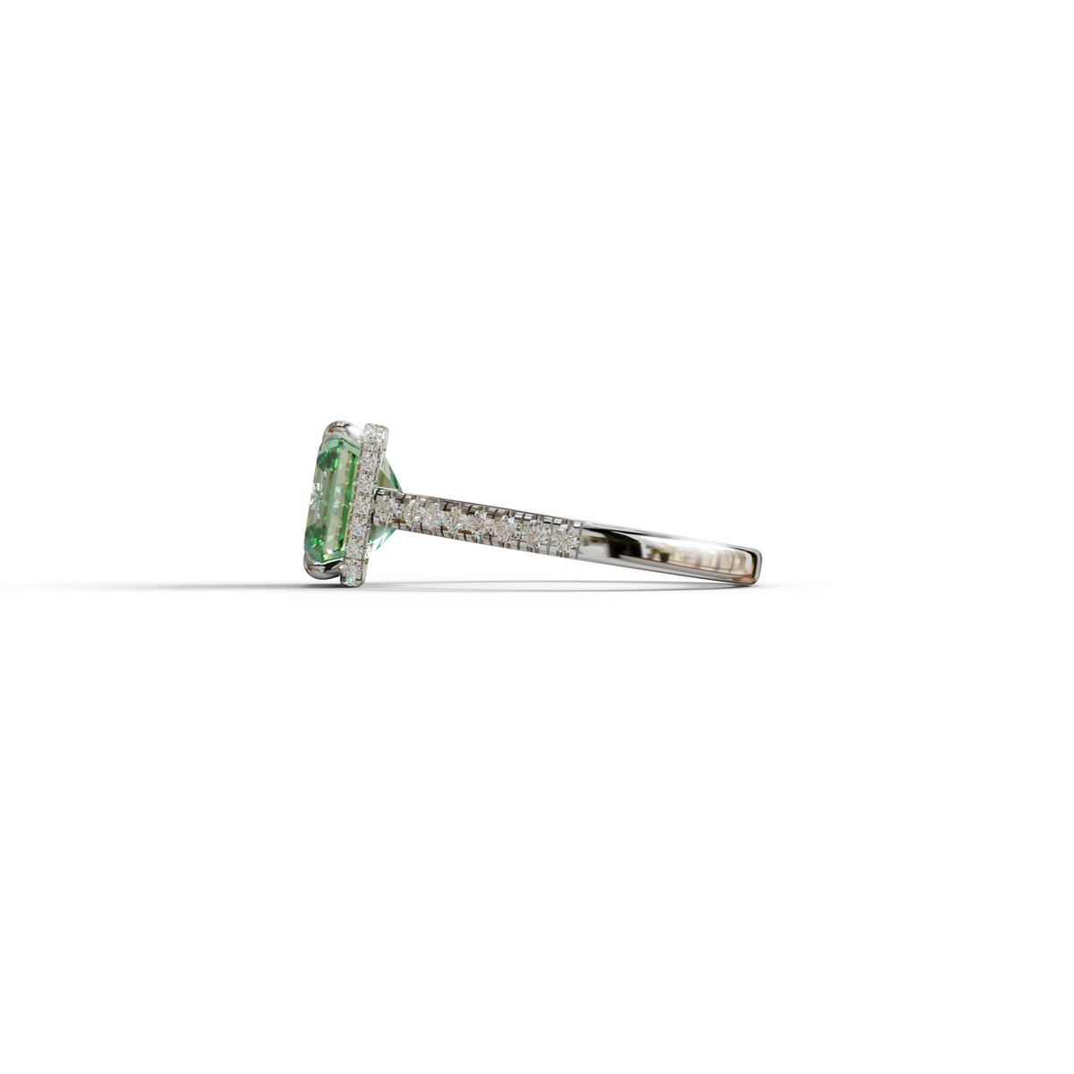 3.5 Carat Green Asscher‑Cut Lab Diamond Engagement Ring with Halo and Pavé Accents