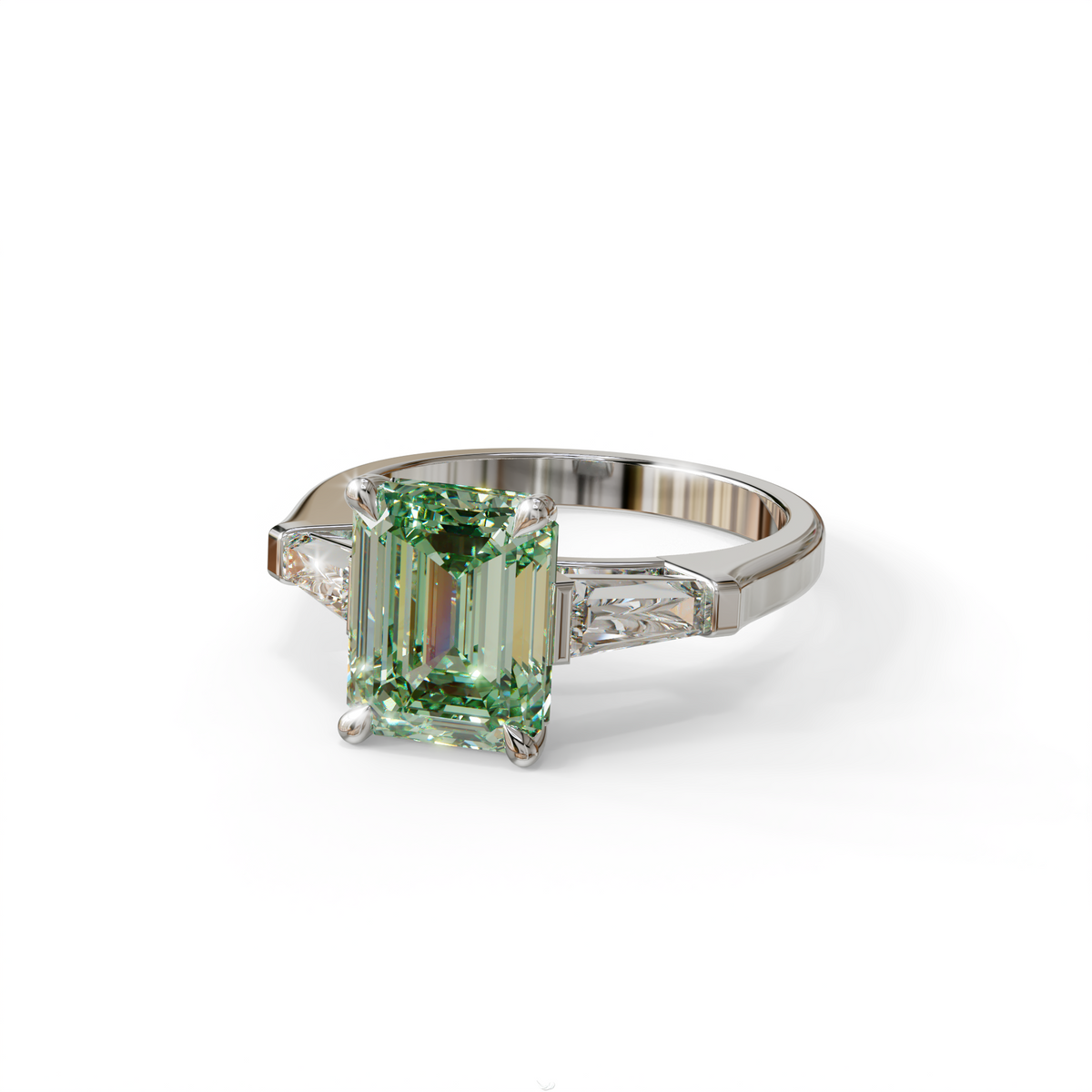 3 Carat Fancy Vivid Green Emerald & Tapered Baguette diamond ring
