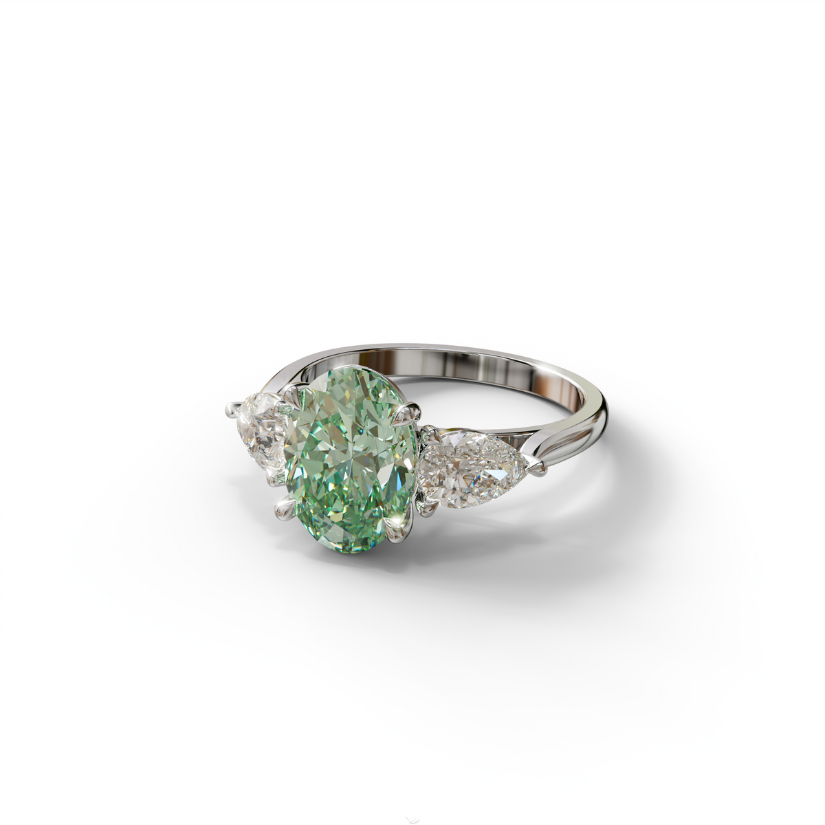 3 Carat Green Oval Lab Grown Diamond Engagement Ring – Three Stone Pear Cut Setting