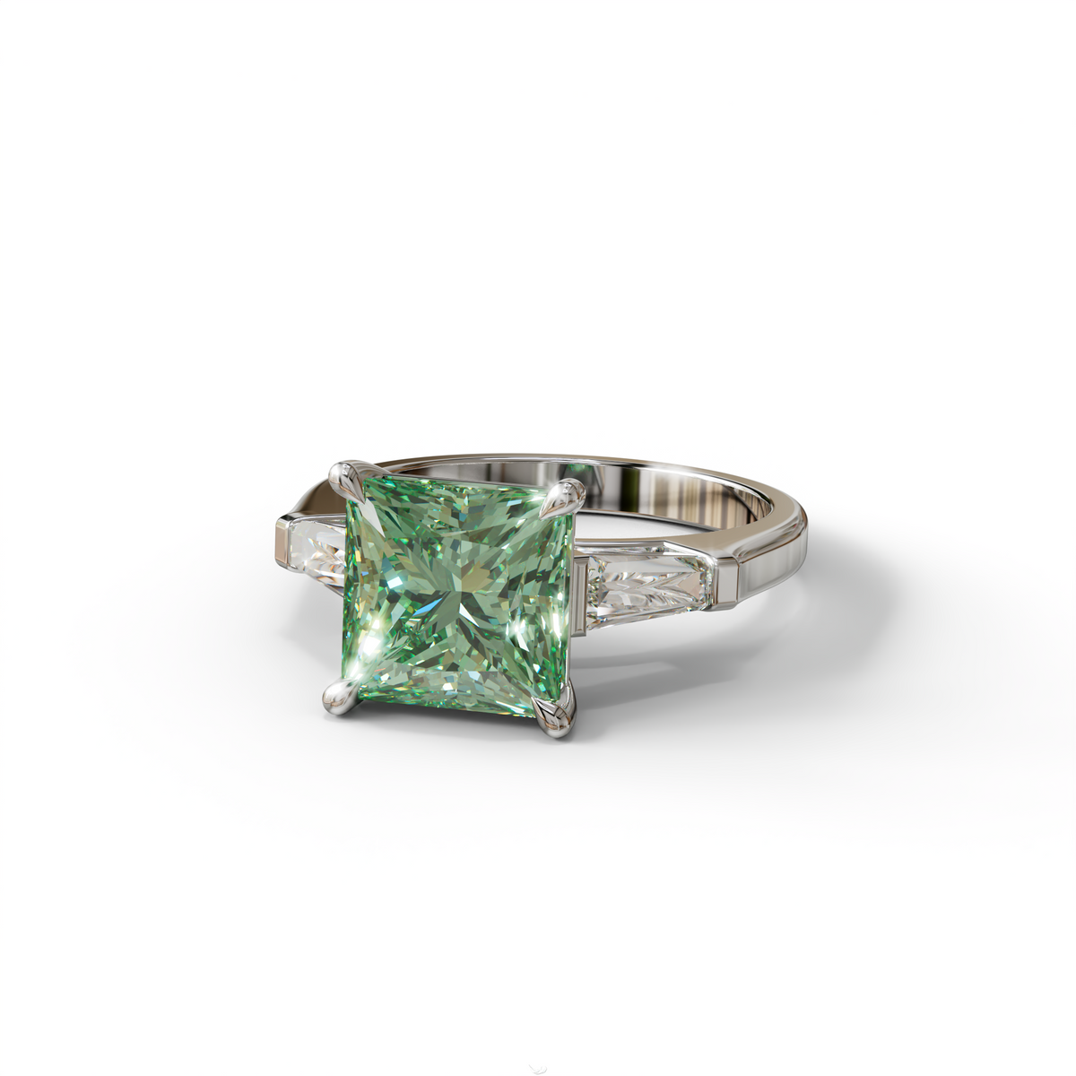 3 Carat Green Princess & Baguette Cut Lab Grown Diamond Ring - Alluring